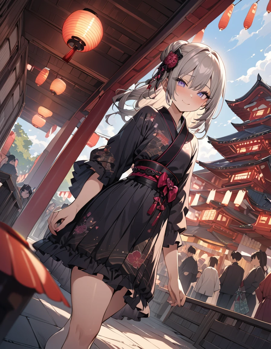 one beautifu girl walking around the Japanese festival venue,long straight gold ash hair,wearing Yukata(put the element of goth loli).,light smile,(masterpiece), (best quality), (ultra-detailed), (illustration), (detailed light),(an extremely delicate and beautiful),(beautiful details eyes),Japanese festival.natural light, wide angle shot, and high quality photo.