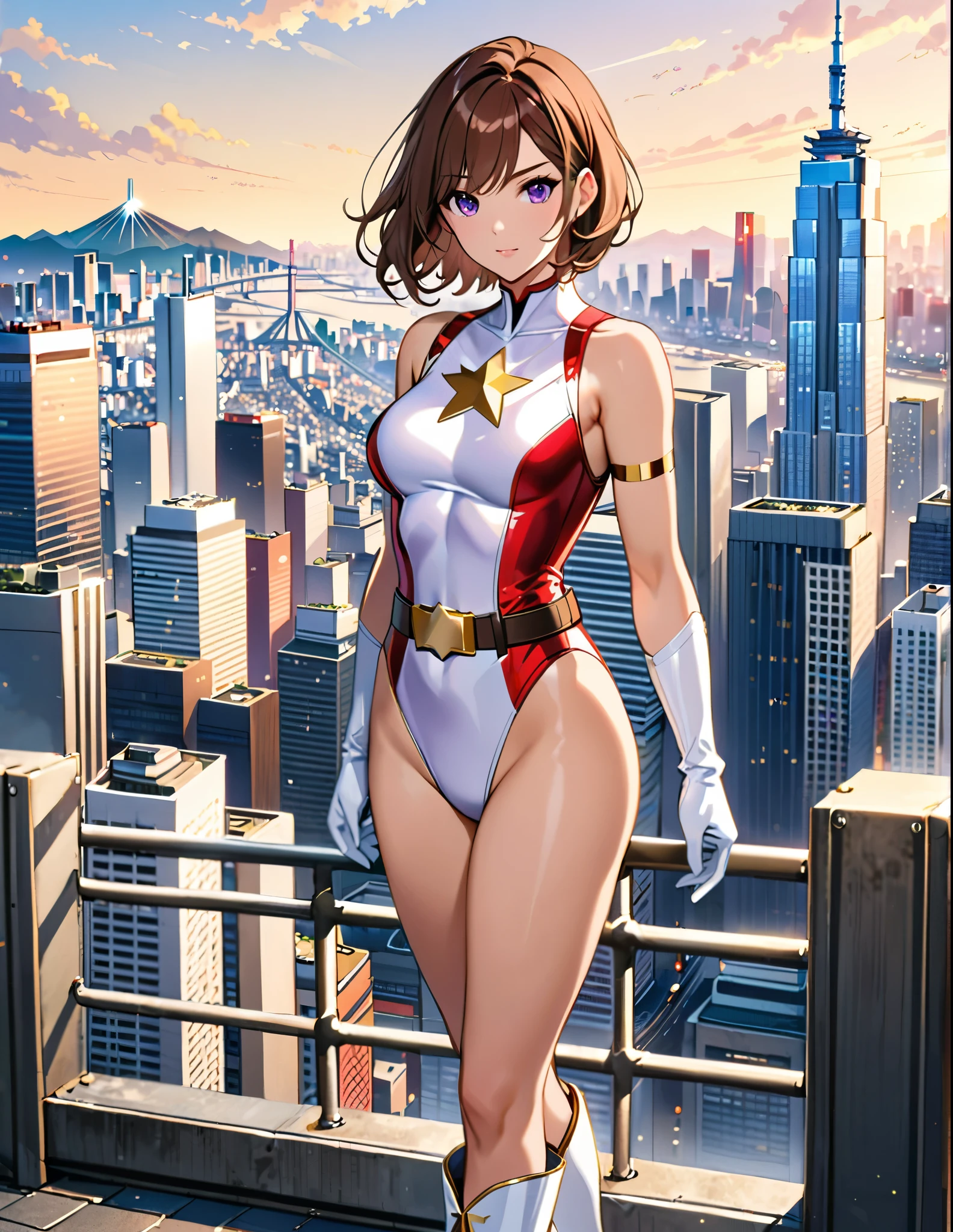 (masterpiece), (best quality), (high res), medium breasts, ((leotard, white and red leotard, matching leotard, sleeveless, bare legs)), ((tight belt, gold belt)), ((boots, matching boots, ankle-high boots, white boots)), ((gloves, white gloves)), city backdrop, tokyo city backdrop, solo, solo focus, standing, (full body), cowboy shot, superhero, ((beautiful detailed eyes)), ((gold star symbol on chest)), (brown hair, medium hair, bob hair, purple eyes), (perfect hands, perfect anatomy), superhero, ((beautiful detailed eyes)), full body costume design. Character Sheet Full-Length.