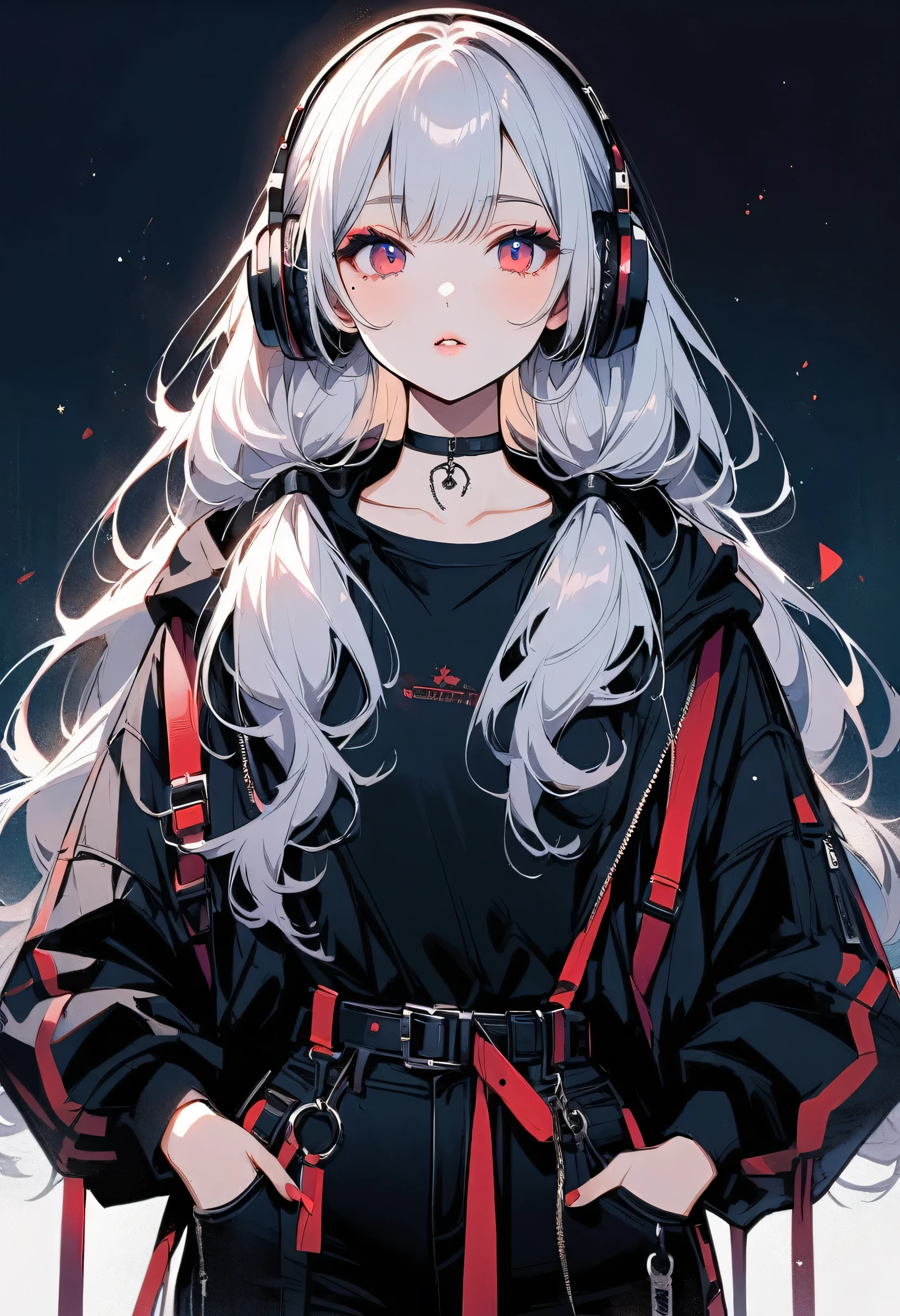Young Japanese woman with long hair, Beautiful white hair in twin tails, It is secured on both sides with large red ribbons.. She is fair-skinned and、There is a small mole under the left eye.、（She wears large black headphones and a black choker decorated with stars.）、 Her makeup is natural, Rosy cheeks and glossy lips、she is wearing black clothes, Small particles of light are floating, 