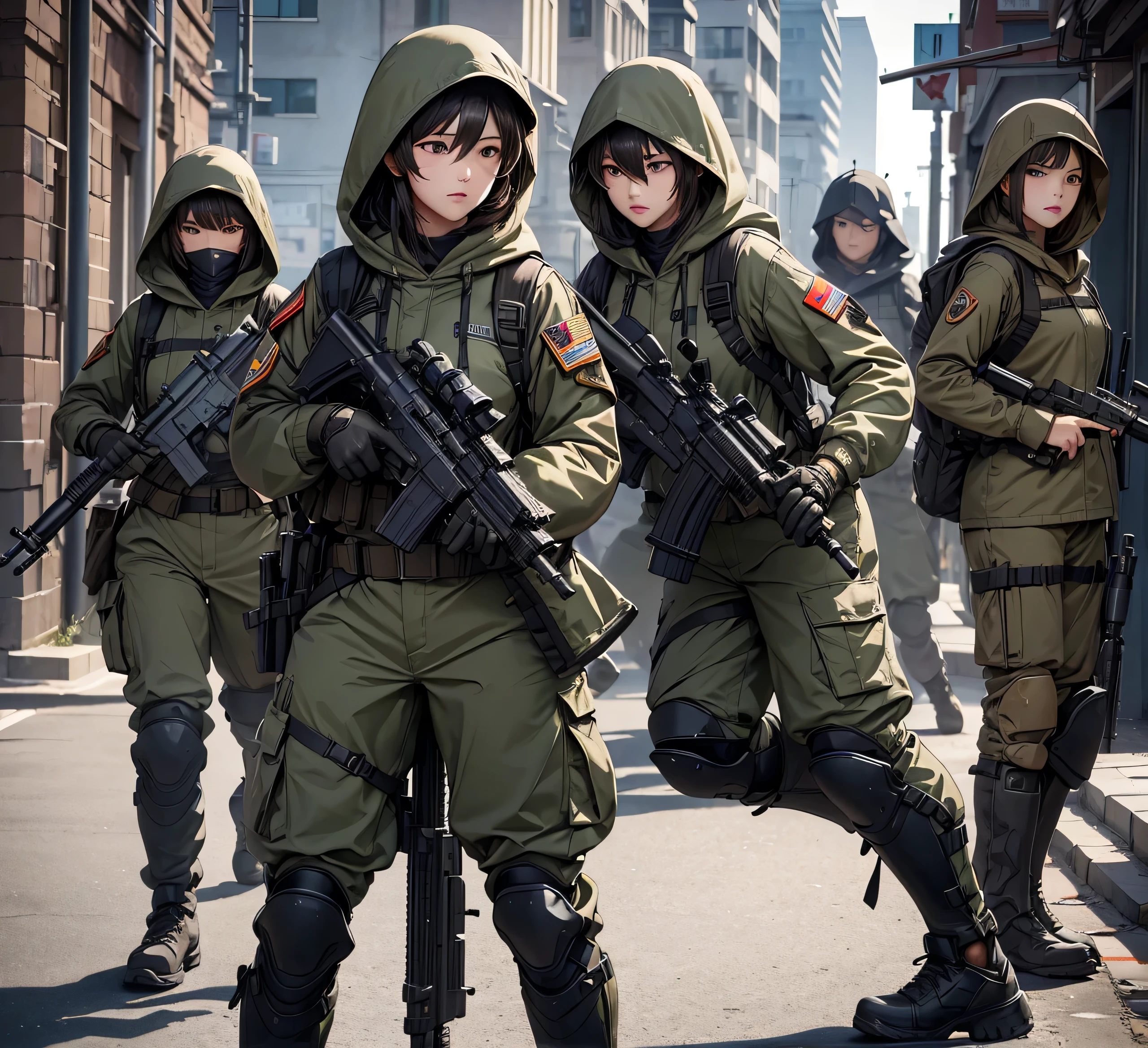 A group of female soldiers with guns fighting，All wear dark brown hooded military uniforms、Hooded on head、Individual equipment set、Military Pants、Knee pads，Write details、masterpiece、best quality、Highly detailed CG、8K picture quality。