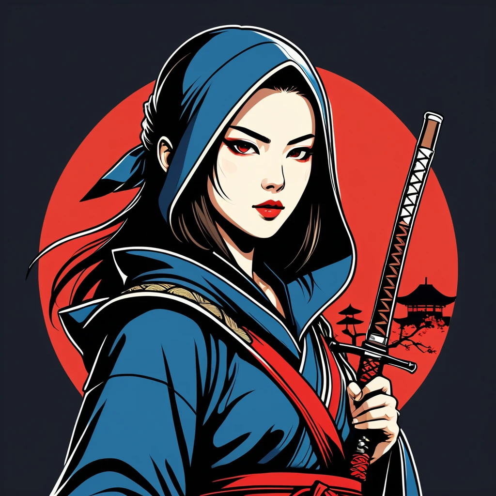 female assassin in japan folk outfit, vector graphics, strong contours, logo design