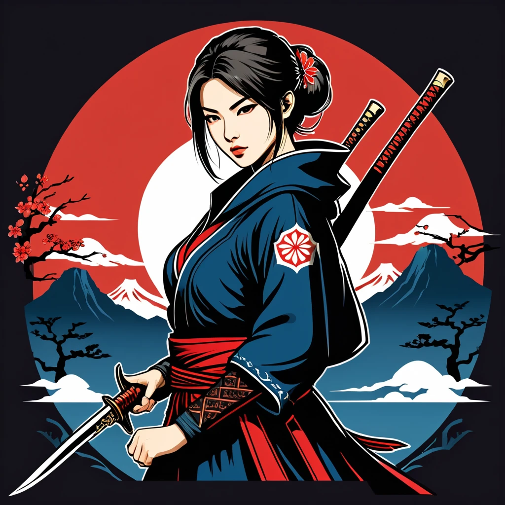 female assassin in japan folk outfit, vector graphics, strong contours, logo design
