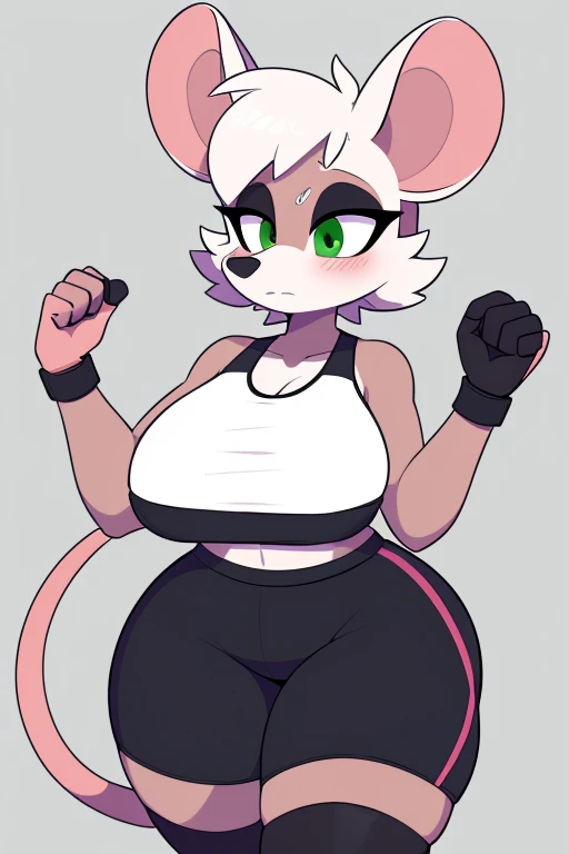 high quality, high res, outline, , mouse, rodent, female, by whygena, reggie_(whygena furry), , wide hips, flat colours, outlines, lines, huge thighs, white body, pink rat tail, white hair, short asymetric hair, green eyes, long eyelids, eyes looking down at , cheek tuft, black sport bra, sport shorts, black sport clothes, flat snout, small snout, asymetric hair, blush on face, underboob , huge breasts, huge thighs, hands up, girly wrist, 4fingers.