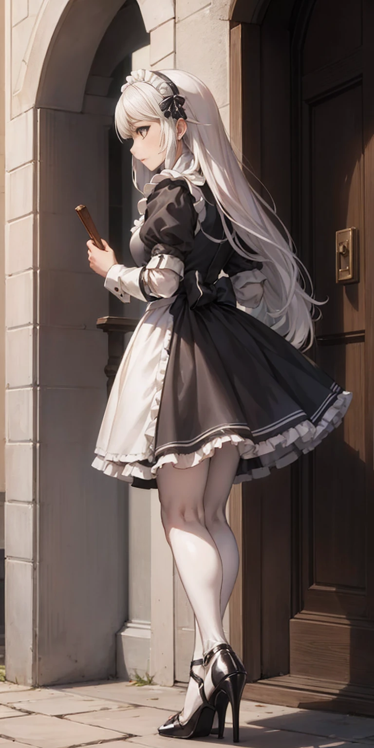 female, standing, right, long_hair, disordered_hair, white_hair, maid in armor, metallic high heels