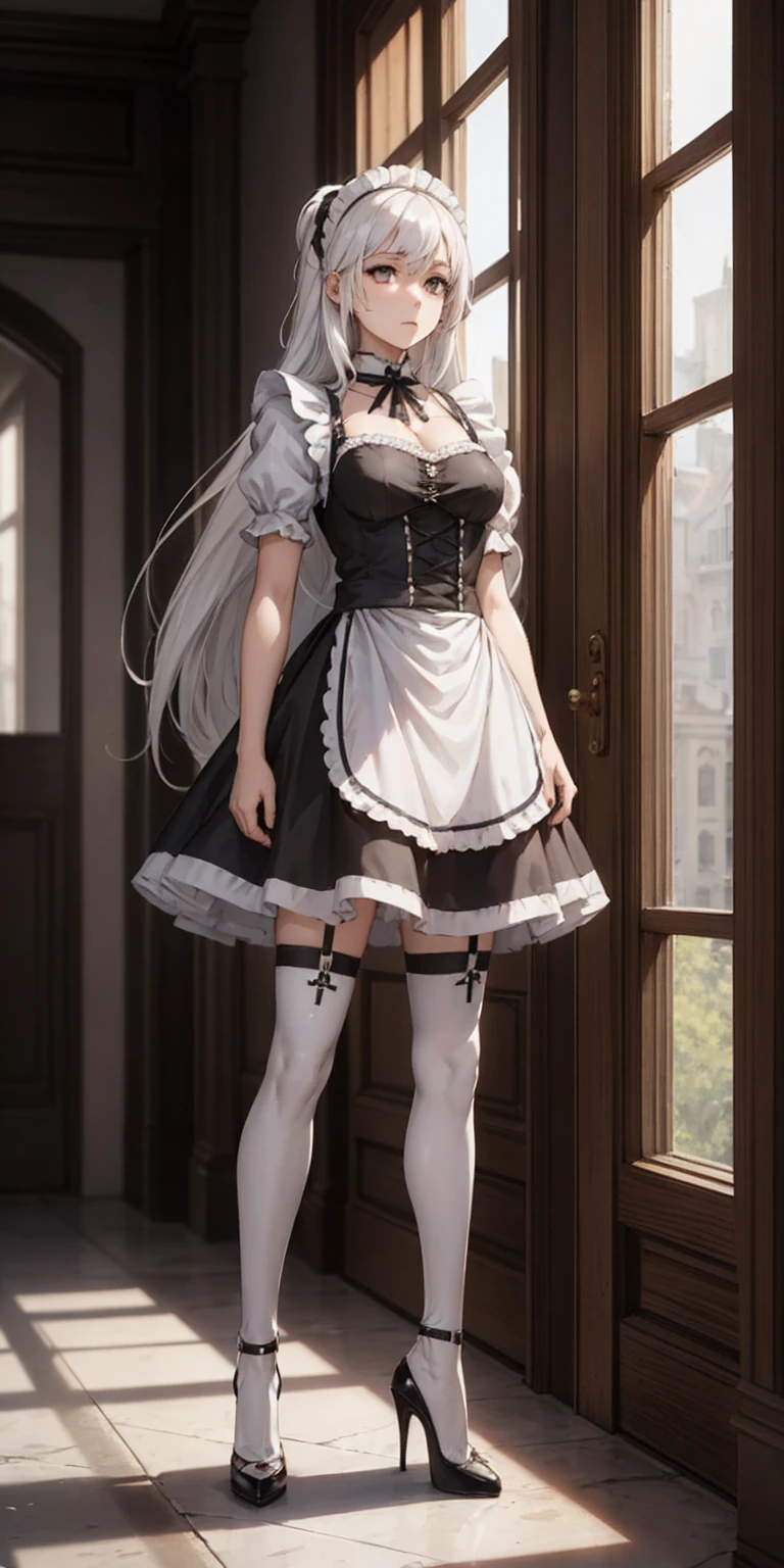 female, standing, right, long_hair, disordered_hair, white_hair, maid in armor, metallic high heels