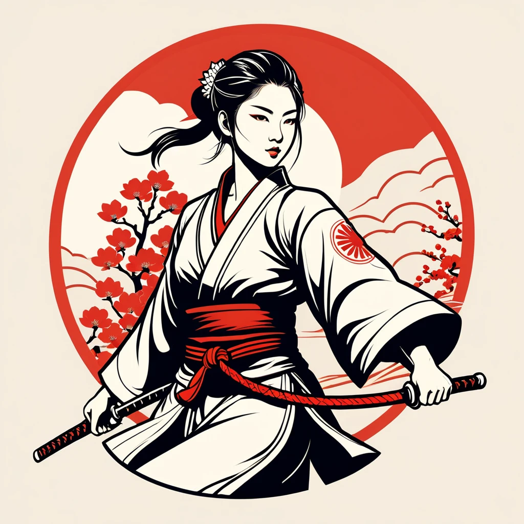 female fighter in japan folk outfit, vector graphics, strong contours, logo design
