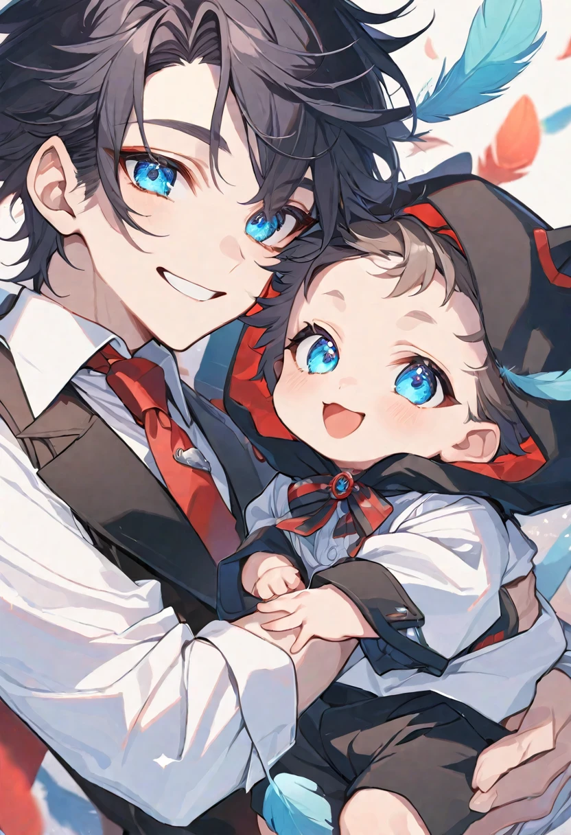 alone, elegant, 1 adocente boy, short hair, black fur, half and half, blue eyes, detailed, White shirt, Red tie, hood, feathers,  little baby, Adorable baby, baby clothes, Siblings, smile