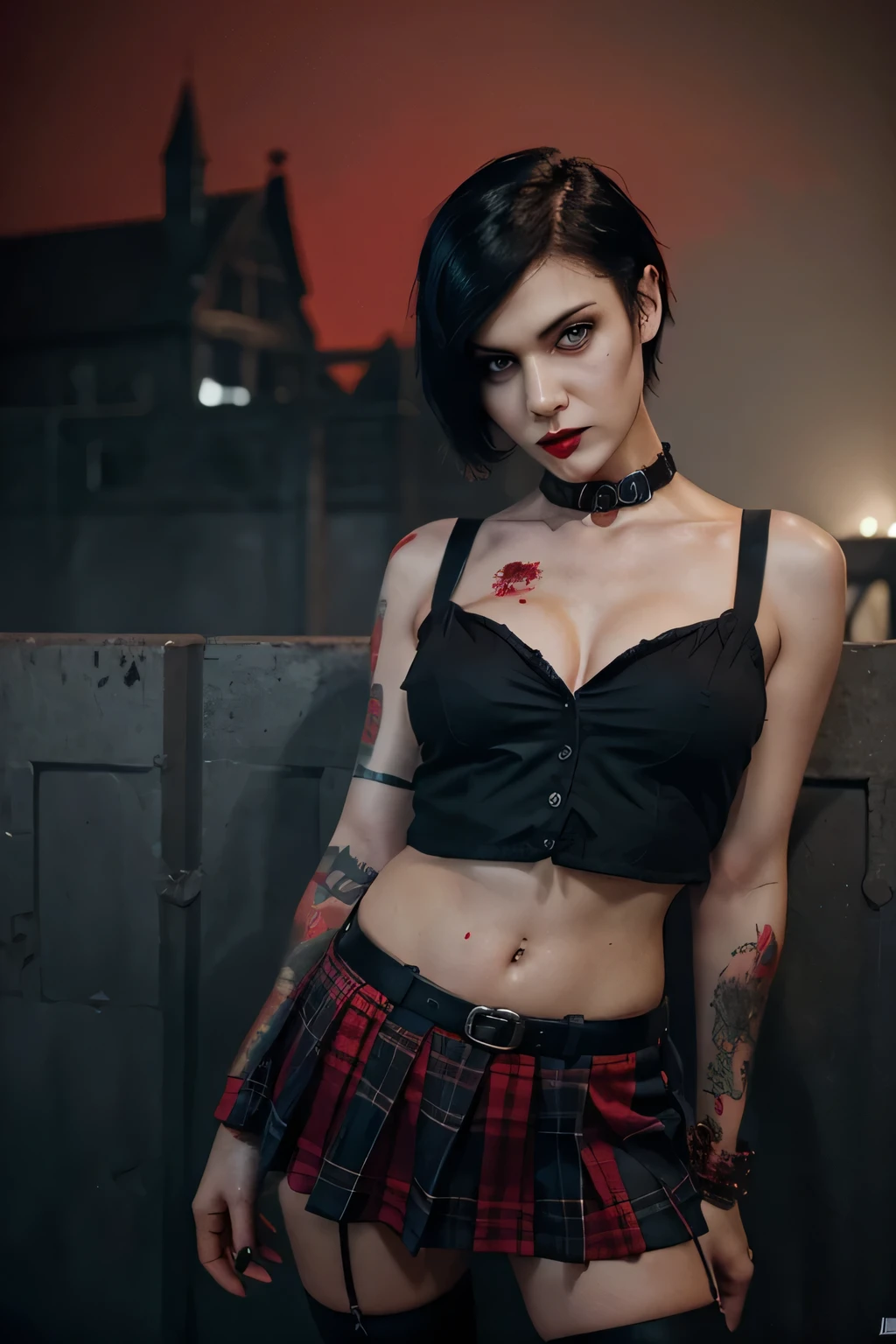 Woman with short black hair, shoulder cut hair, in a red short plaid skirt, Blue eyes, zombie art, Gothic art, cute aesthetic with atmosphere, Cartoon aesthetics, in a red suit, wear gothic accessories, looks like Cassie Hack, upper body, red background