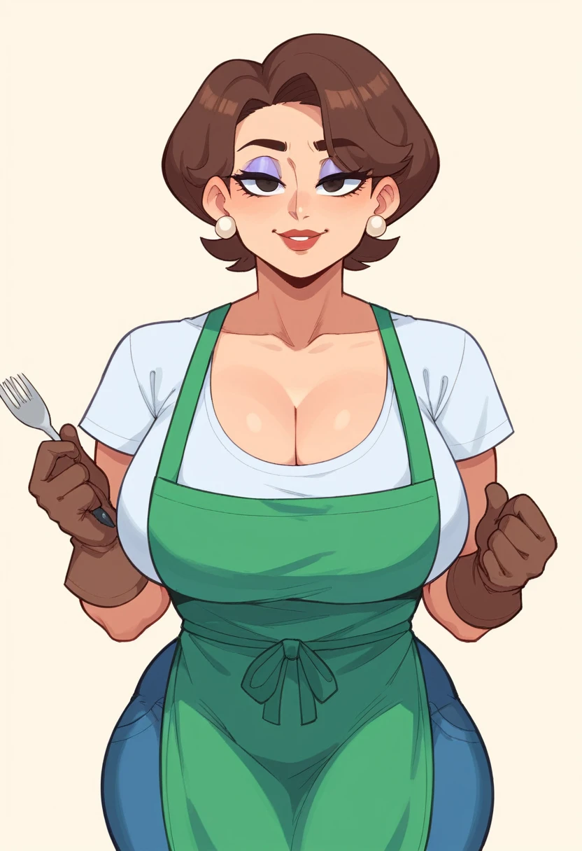 score_9, score_8_up, score_7_up, BREAK, 1girl, solo, breasts,  dextersmom, makeup, jewelry, gloves, shirt, apron, upper body, portrait, mature female, simple background, thick thighs, wide hips, big ass, showing buttcrack slightly, showing big butt, cleavage,