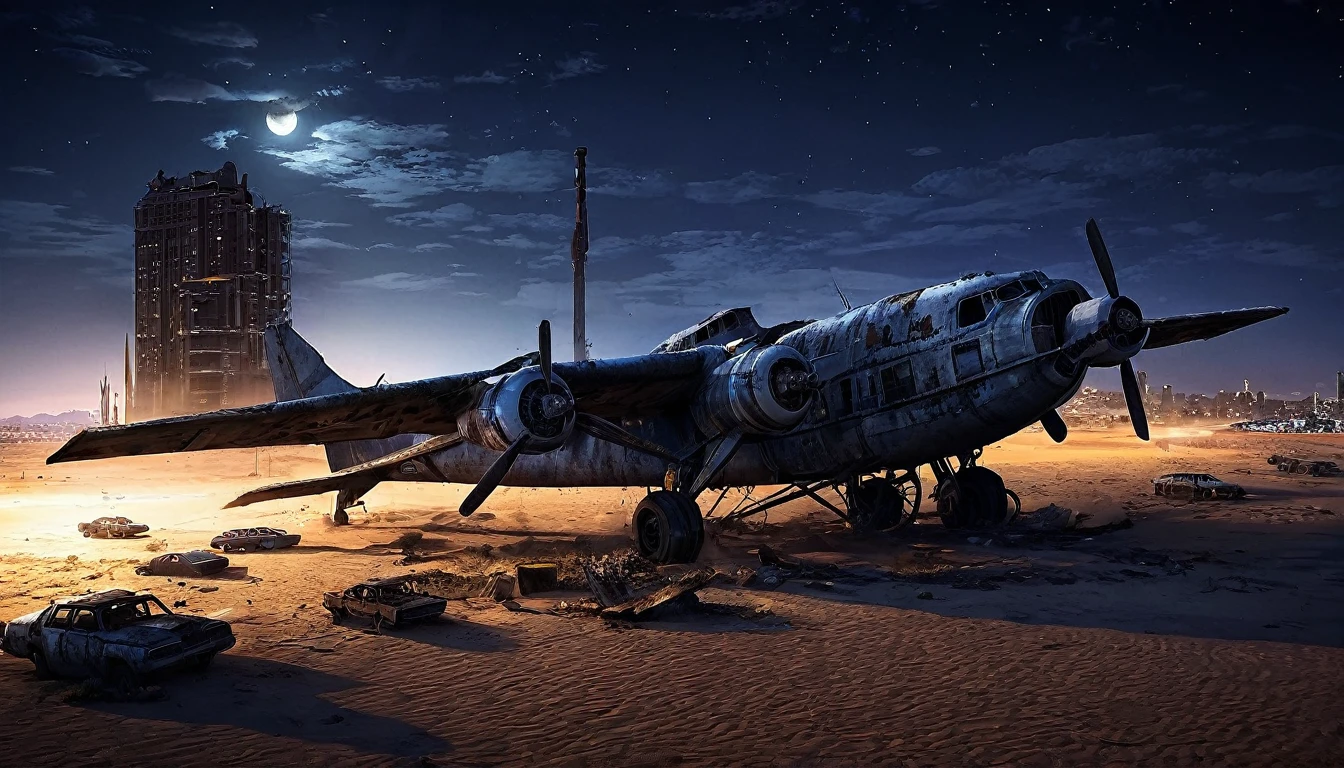 plane desert night city post apocalyptic