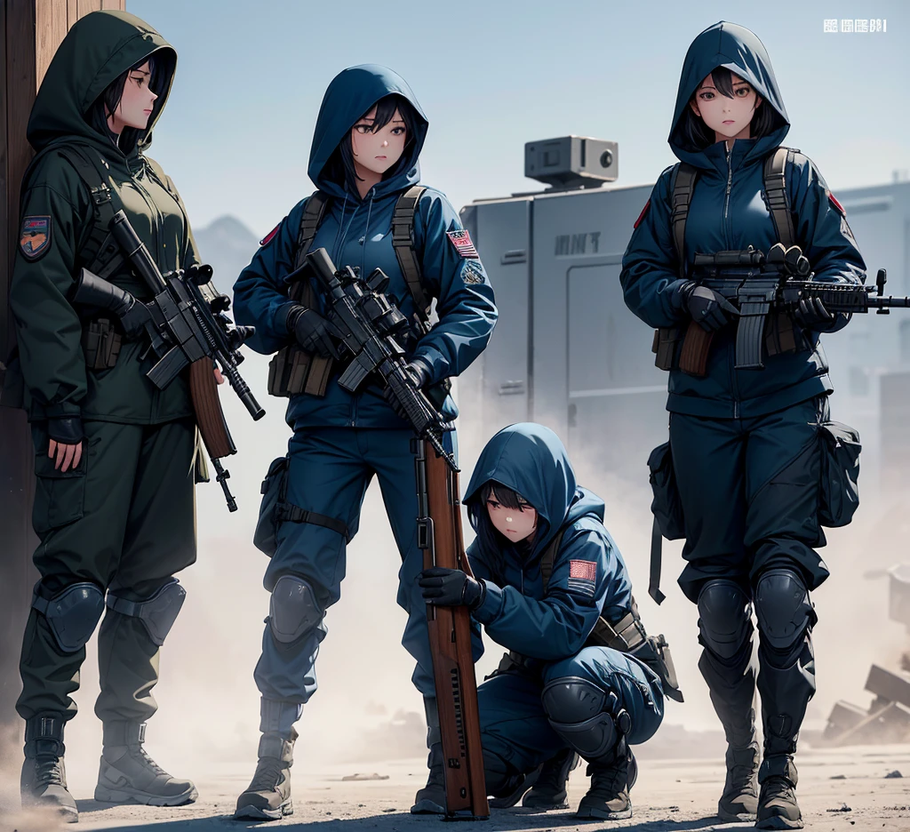 A group of female soldiers with guns fighting，All wear dark blue hooded military uniforms、Hooded on head、Individual equipment set、Military Pants、Knee pads，Write details、masterpiece、best quality、Highly detailed CG、8K picture quality。