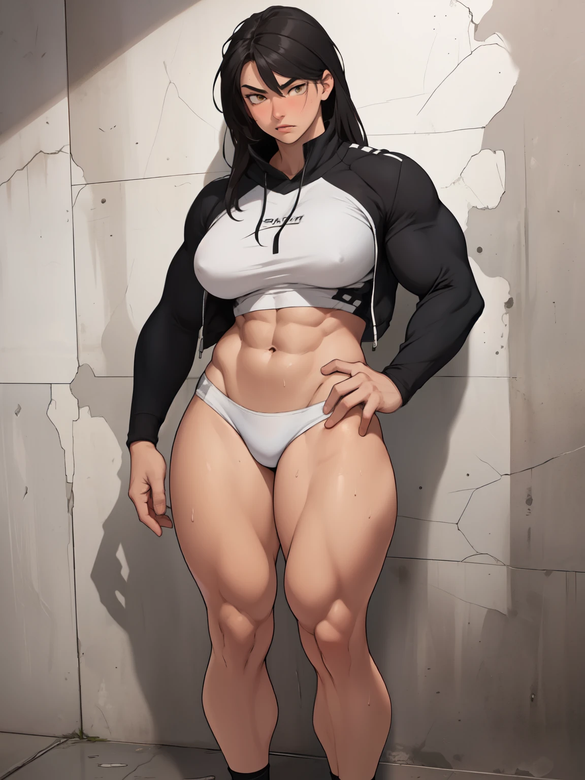 ((((((1girl)))))) (((((muscular))))) ((thick thighs huge breasts)) black hair yellow eyes solo angry pale skin sweaty concrete wall very long hair pilot suit curvy wide hips female bodybuilder ((full body))