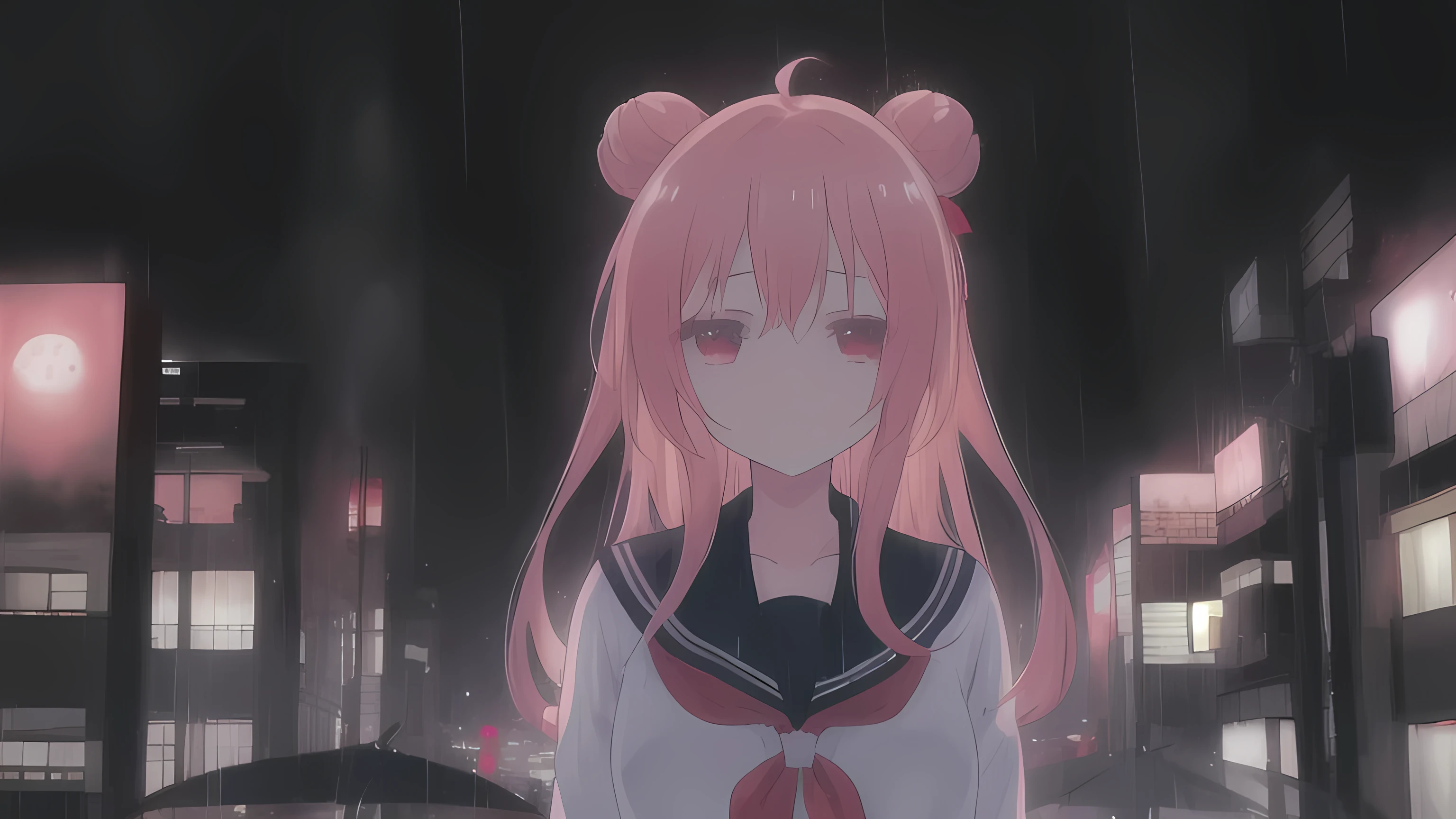 masterpiece, best quality, city background, rainy, 1girl, solo, upper body, bow, serafuku, satou, emotionless, expressionless, anime wallpaper 4k, detailed background, detailed hair