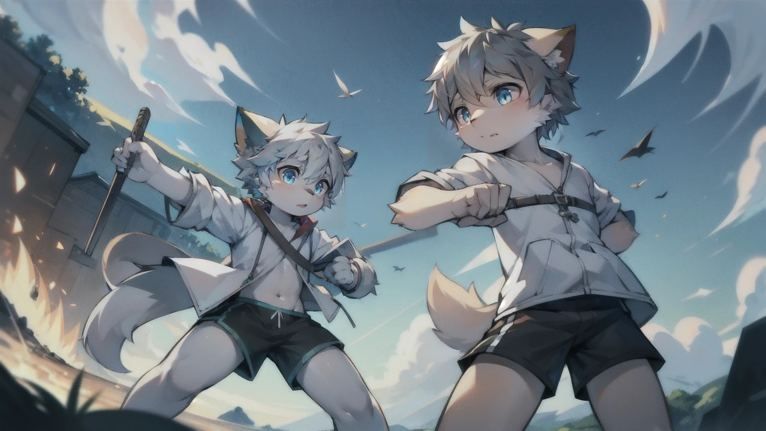 Cat，Gray hair and green eyes，and white coat color，Boys have strong sexual desire，Battle Attraction，shorts, wind element，hairy，Bullets rained down，Fighting Stance，Future War，Carol