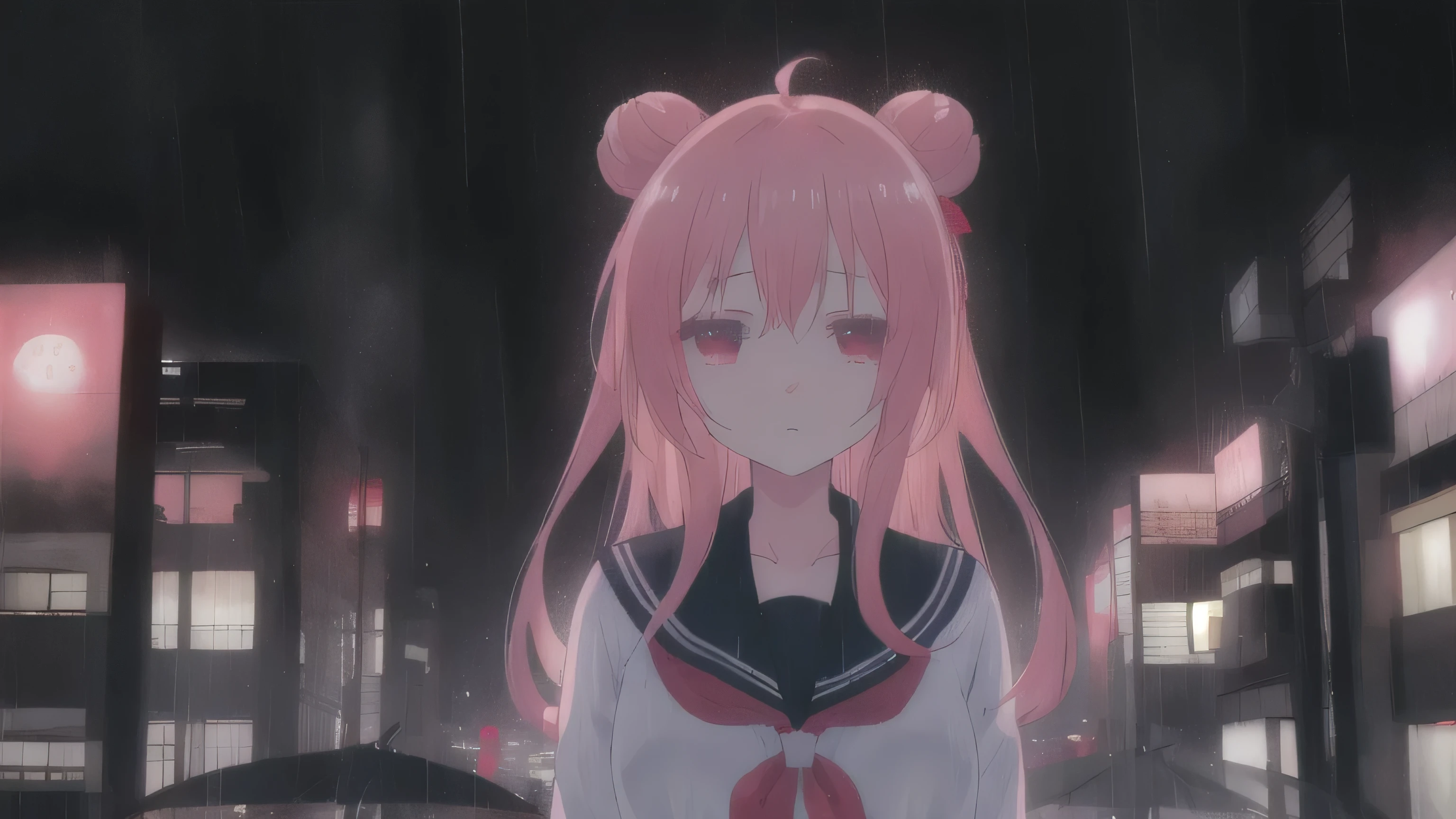 masterpiece, best quality, city background, rainy, 1girl, solo, upper body, bow, serafuku, satou, emotionless, expressionless, anime wallpaper 4k, detailed background, detailed hair