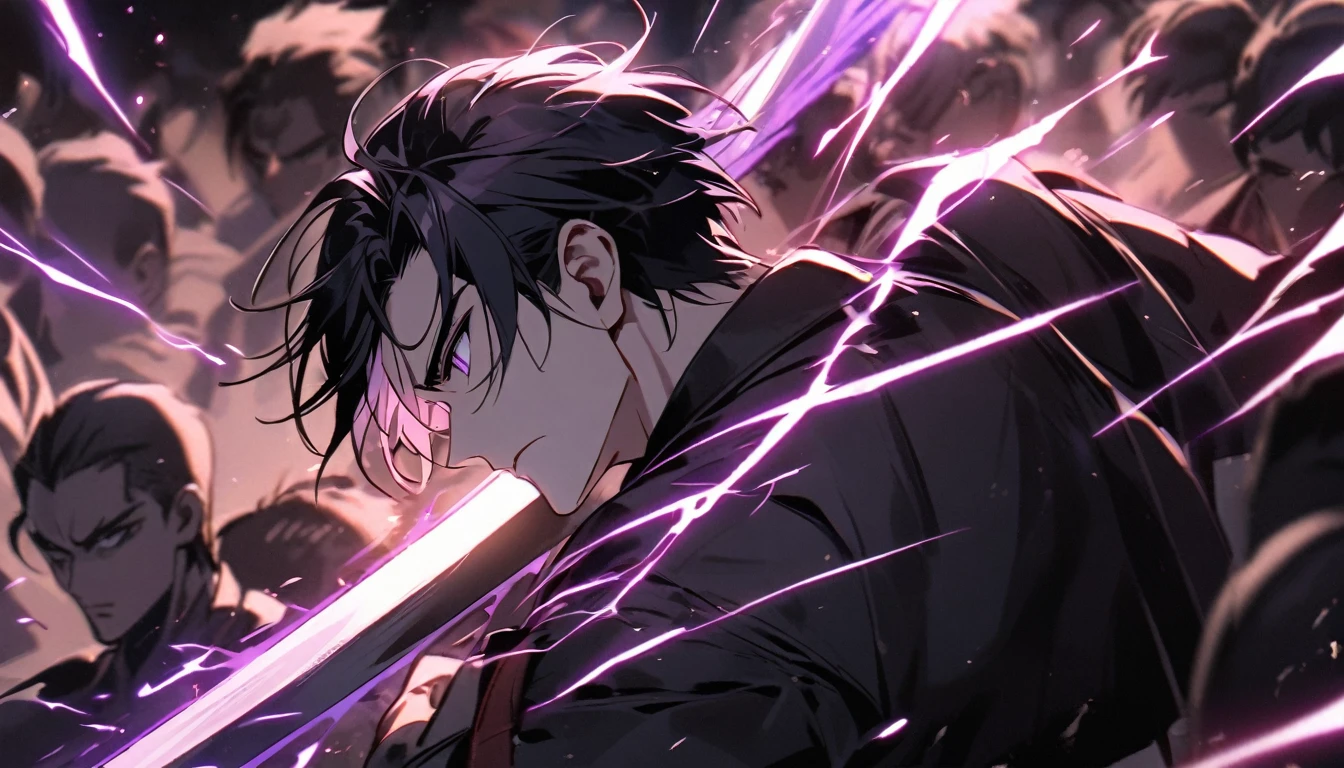 handsome, alone, 1 man, short hair, black hair, purple eyes, black shirt, black coat, Lots of power,fight with sword Many people are fighting.