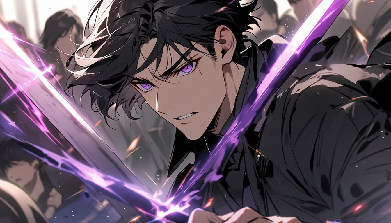 handsome, alone, 1 man, short hair, black hair, purple eyes, black shirt, black coat, Lots of power,fight with sword Many people are fighting.