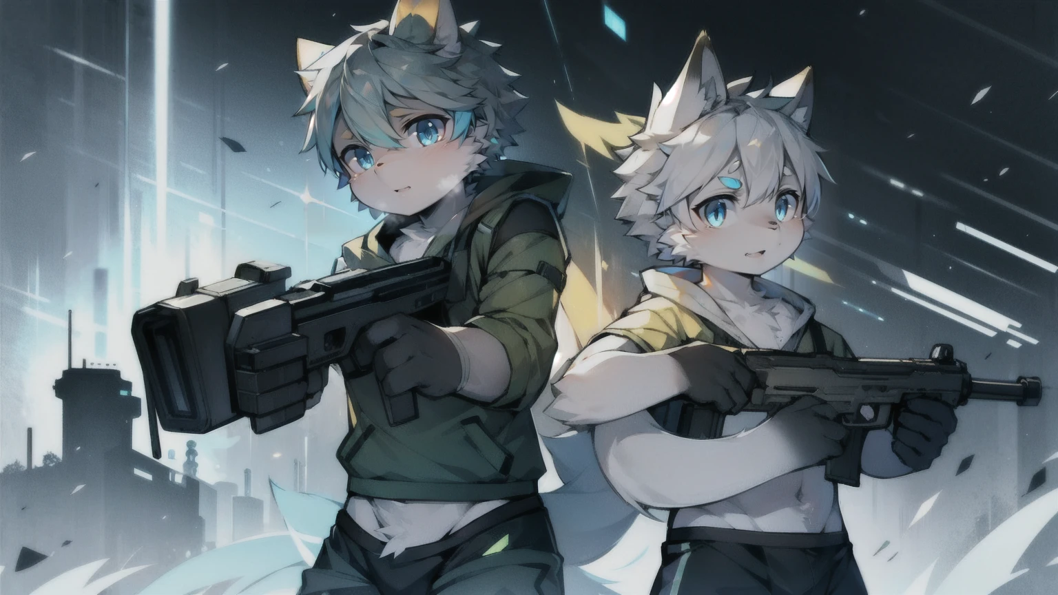 a boy with gray hair and green eyes, yellow and white fur, horny, combat-focused, wearing shorts, elemental wind powers, fluffy, bullets raining down, combat pose, futuristic war, cyberpunk