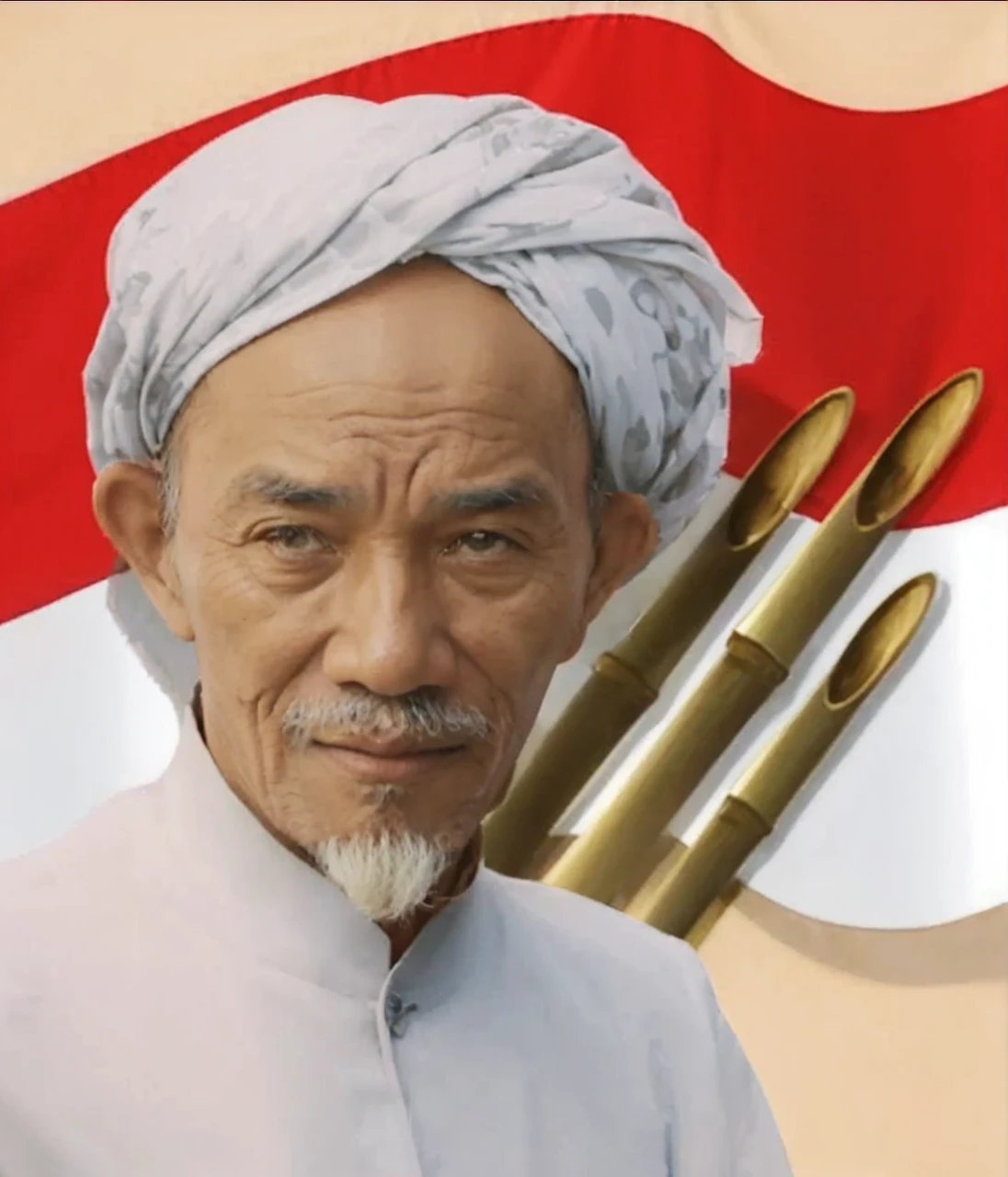 Indonesian Muslim man, 70 years old, wrinkled brown skin according to age. wearing a white patterned turban and Islamic clothes. clear black narrow eyes, thick gray eyebrows, thick mustache, long beard. big tall nose, big wide ears, oval face, naturally wrinkled forehead. mouth covered with thin lips. In the background of the Indonesian red and white flag, you can see three sharp bamboos on it. HD quality realistic images.