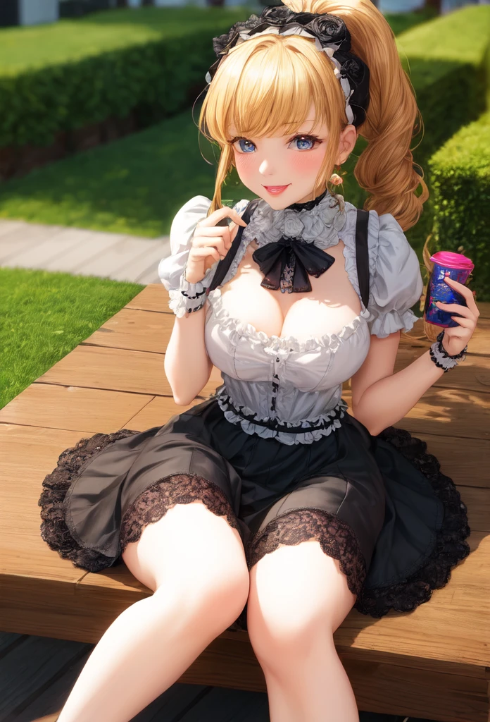 A beautiful girl in a black dress sitting on a wooden platform, anime girl, rose garden, beautiful and sunny day, black ta dress with lots of ruffles, floral print dress, short sleeve, lolihoker, low-cut chest, big round breasts, white lace thigh-high stockings, black lolita s, dark brown hair, gradient bangs, french braid, long hair, ponytail, wavy hair, swept bangs, shiny hair, hairclip, hair ribbon, hair flower, jewelry, lolita hairb aqua eyes, glowing eyes, pupils sparkling, earrings, light smile, blush, happy, red lips, slim waist, shapely legs, beautiful thighs, princess dress, short skirt, high detail, anime, dithering, image fill, perspective, Wide-Angle, f/1.8, 85mm, Sony FE GM, 8k, 8k wallpaper, super detail, highly detailed CG, UHD, retina, masterpiece, accurate, anatomically correct, textured skin, highres, best quality:1.3, 16k
