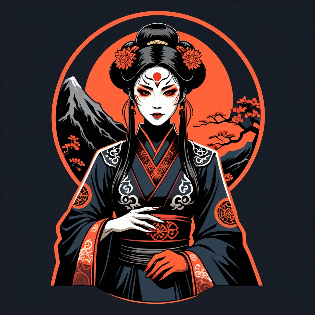female necromancer in japan folk outfit, vector graphics, strong contours, logo design