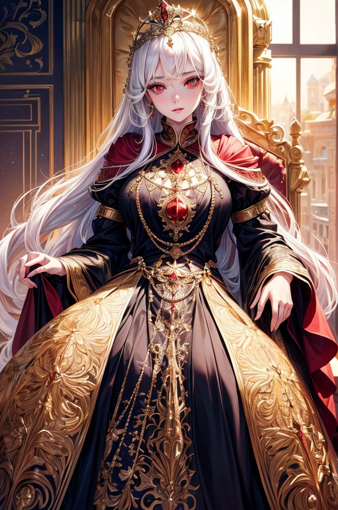 (highres, realistic, beautiful detailed eyes, beautiful detailed lips, detailed face),(naive girl, innocent girl),(queen, woman, royalty),(red eyes, long white hair),(glorious, majestic, regal), (golden, sparkling),(gorgeous black and red gown),(elaborate decorations),(full body)