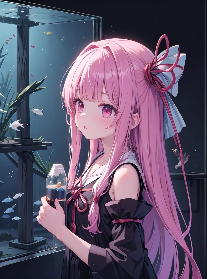 (masterpiece, Highest quality:1.2), One Girl, Kotonoha Akane,aquarium,Upper Body:1.2,Angle from above:1.2,Looking up at the aquarium 1.2,Huge aquarium:1.2,Dim blue place,Dim lighting,Cinema Lighting,Hair Ribbon,Black Dress,Wide sleeves,Exposing shoulders 
