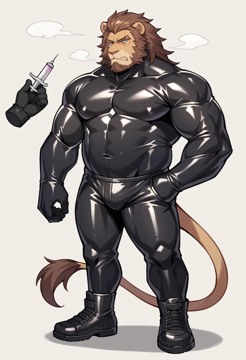 lion, personification, Mature male, Strong Man, Thick beard, Cold expression, grumpy, stern, Minimized pupils, Brown eyebrows, scars across right eye, Black tight rubber suit, black rubber boots, black rubber gloves, left hand in pockets, right hand holding a syringe with black latex substance, the Age of Steam, sadistic criminal, 