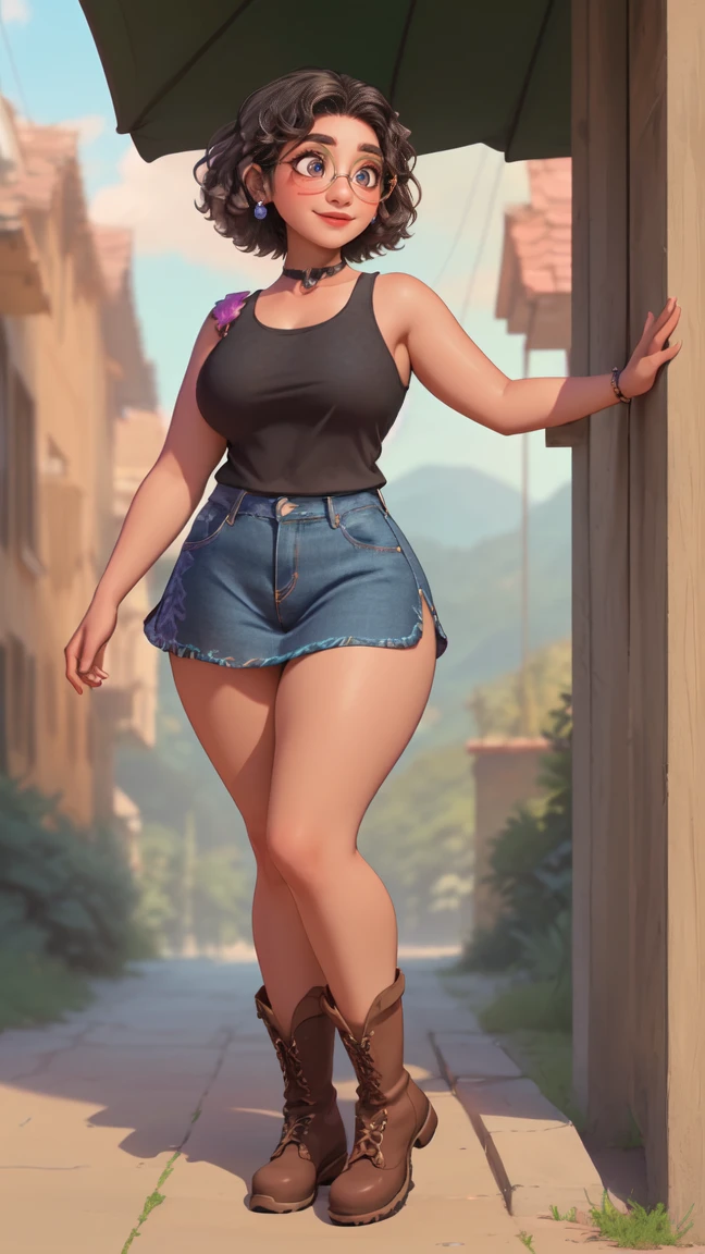 mirabel madrigal,  glasses, smile, ((detailed face)), outdoors, (((wearing a black tanktop))), (((brown skin))), choker on neck, detailed skin, perfect legs, ((wearing a denim skirt)), (((wearing boots))), perfect thighs, (((curvy body))), (((full body))), 