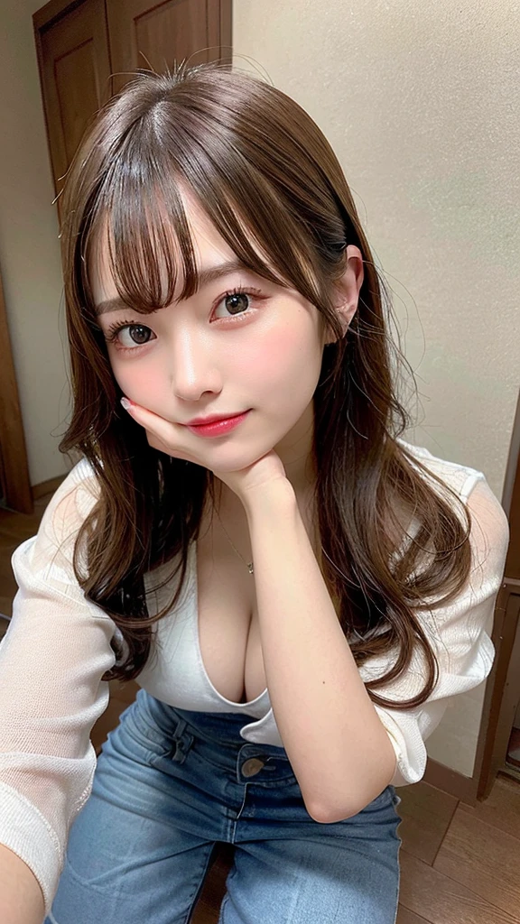 highest quality, shape, Very detailed, finely, High resolution, 8k wallpaper, Perfect dynamic shape, Beautiful and detailed, Summer clothes,Medium Hair,Natural color lip,smile,20-year-old girl、Midnight、Beautiful and elaborate face、Perfect and beautiful face、Slim face and figure,spread your arms wide,Big eyes,Take a photo with your face raised from below your knees、Small face、Beautifully detailed face、Perfect and beautiful double eyelids、Big cleavage、Long, Slender legs、One Woman、gravure、Skinny jeans、Watching the audience、runVery long hair, Blushing,