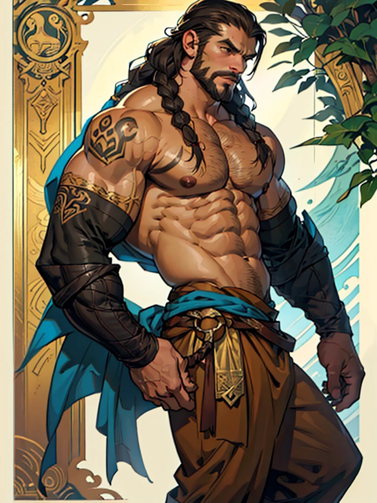 (Masterpiece, best quality), detailed, ((character concept art)), ((character design sheet, same character, front, Side, back)), Theon I was an imposing man, over two meters tall and with robust muscles. His long hair and beard were dark brown., often adorned with braids and tribal ornaments.