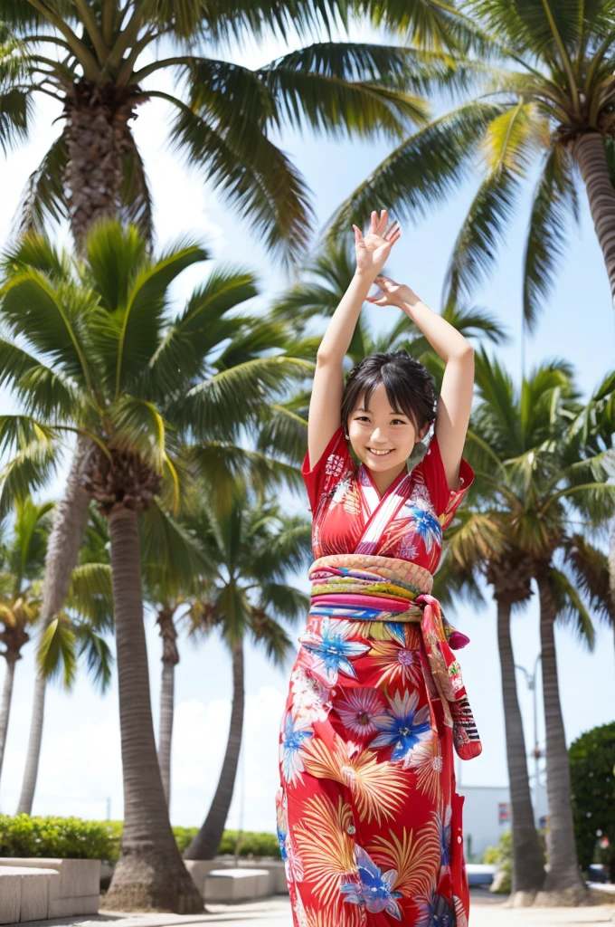 Japanese woman in yukata dancing hula。Palm tree in the background