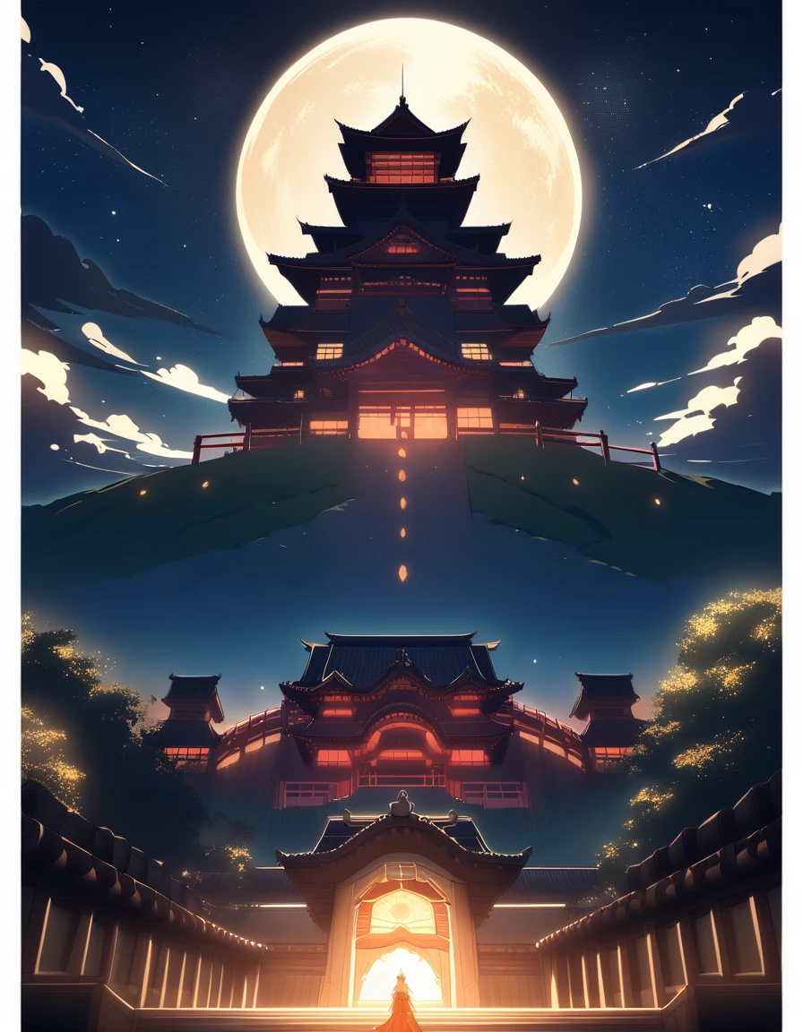 A mystical night scene at Shuri Castle, with a starry sky overhead. A glowing, majestic dragon god appears in the castle grounds, enveloping the castle in a radiant light. The dragon’s presence is awe-inspiring, signifying the arrival of a new era for the town.