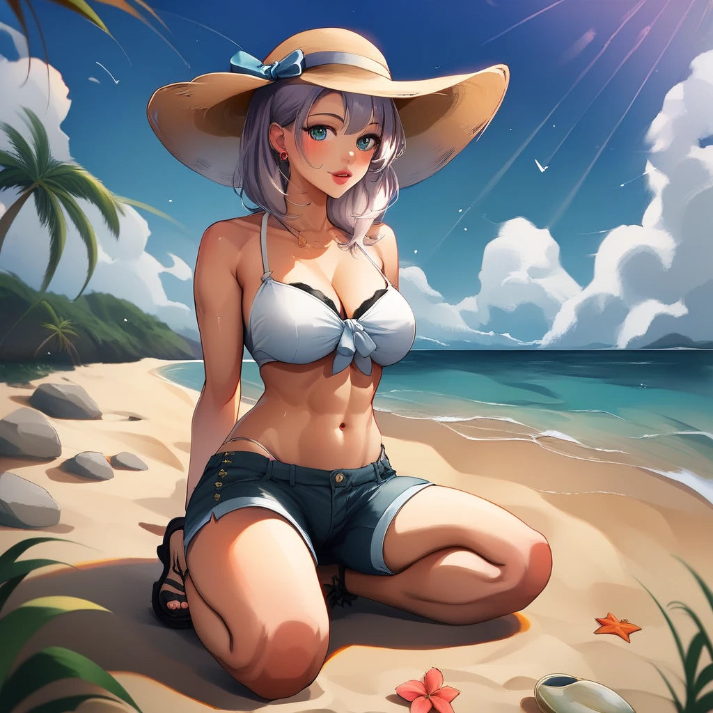 Beautiful picture by fade_Valuing, sitting on the beach and enjoying the view, 比基尼, sitting on a stone, sun set