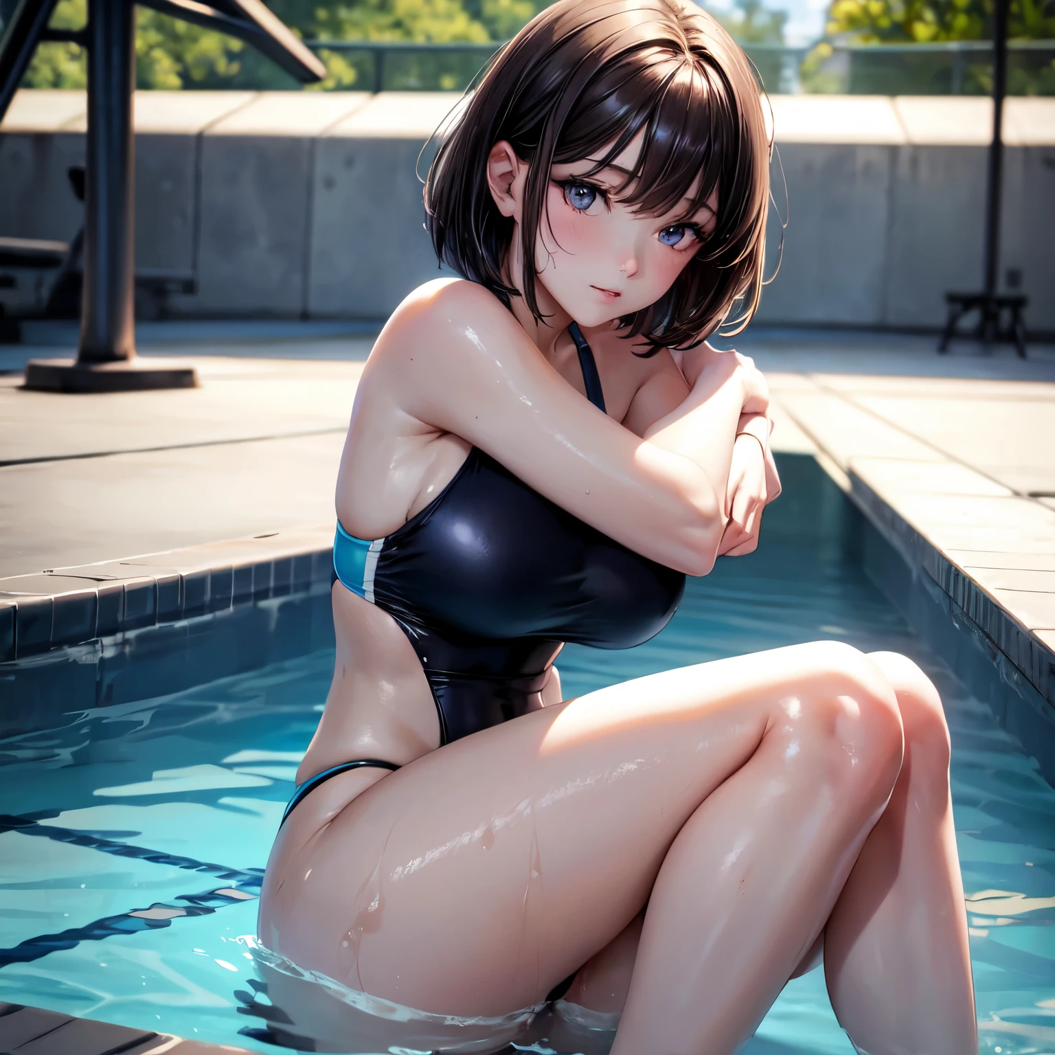 (4K,masterpiece,best quality,ultra detailed,high resolution),(daylight,bloom),beautiful female,solo,age,slender,(medium hair,bob hair,dark brown hair,black hair),(beautiful detailed face,beautiful detailed eyes,finely detailed skin,beautiful big beast,beautiful medium hip,fair skin),(blue one piace fitness swimsuits),(on the pool side),sittng,hugging own legs,wet,