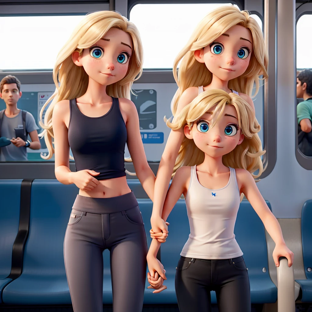 a girl with blue eyes, white tank top, tight black pant, long blonde hair, on the subway, holding hand grips, raised arm, alone.