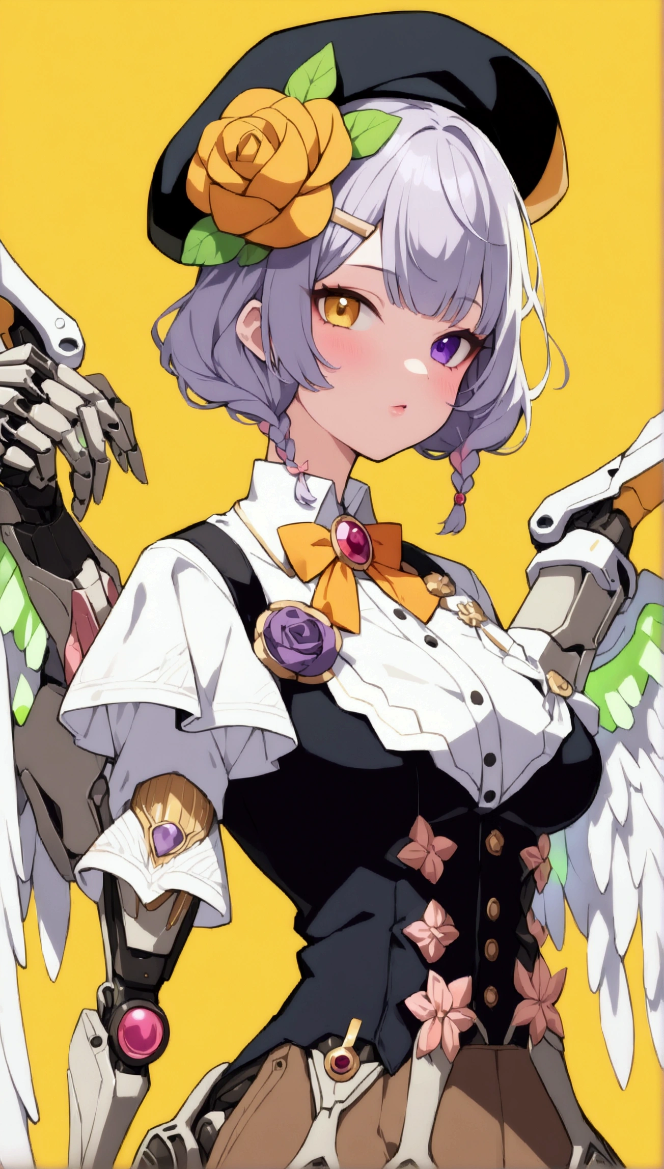woman 165cm tall, slim build, , charming look, ((heterocromia: look like, right naranja y look like izquierdo violeta)), (Shoulder Length Wavy Gray Hair, a short braid on the left side of the hair, big open bangs, golden gear hairpin on the left side of the hair), (((complex mechanical legs up to the hip, The legs are black with gray parts with small pink details))), (((complex mechanical arms up to the elbows, The arms are black with gray parts with small pink details))), ((complex white mechanical angel wings with pastel green parts)), (elegant black French beret with an orange rose ribbon), (stylish white short sleeve button down shirt, dark brown shorts from the waist, elegant black belt, small rose brooch on shirt collar, beautiful mechanical stilettos), (((character design sheet: Front view))), ((Pastel yellow background)), extremely detailed beautiful hair, beautiful detailed clothing, extremely detailed arms, extremely detailed face, (Extremely detailed hands), perfect hands, small face, hermosos look likes detallados, beautiful detailed lips, adorable, extremely detailed legs, (Best Quality, 8k, ultra resolution), ultra detailed, Exquisite and epic character art, (Focus on symmetry), (extremely detailed wings), (body position: standing, right, symmetrical), looking at the viewer, (whole body).
