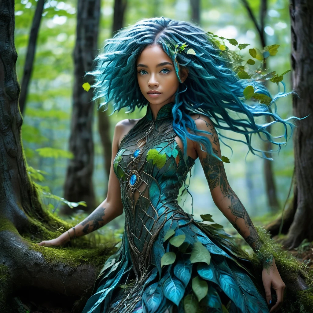  Beautiful biracial woman , blue hair, light blue eyes , extremely detailed full body, in forest, root and leaves dress, Roots rise on the body, 