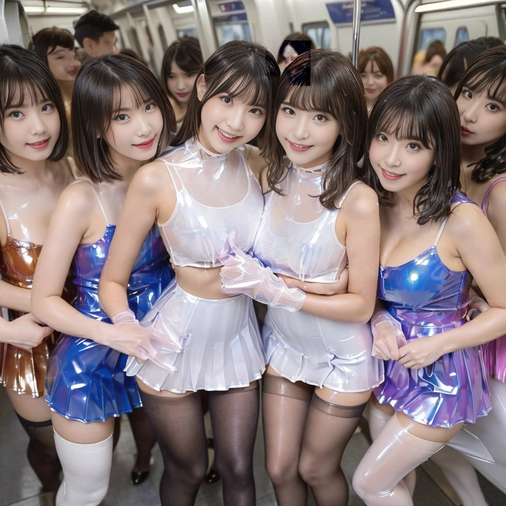 (((Ultra-clear resolution))), (((best quality))), (((super shiny white latex dress, tight, colorful latex pleated miniskirt, sleeveless, group photo of only girls crowded train with female only, impossible breasts, angle from below, see-through pantyhose, kiss, seductive, grin, wet)))