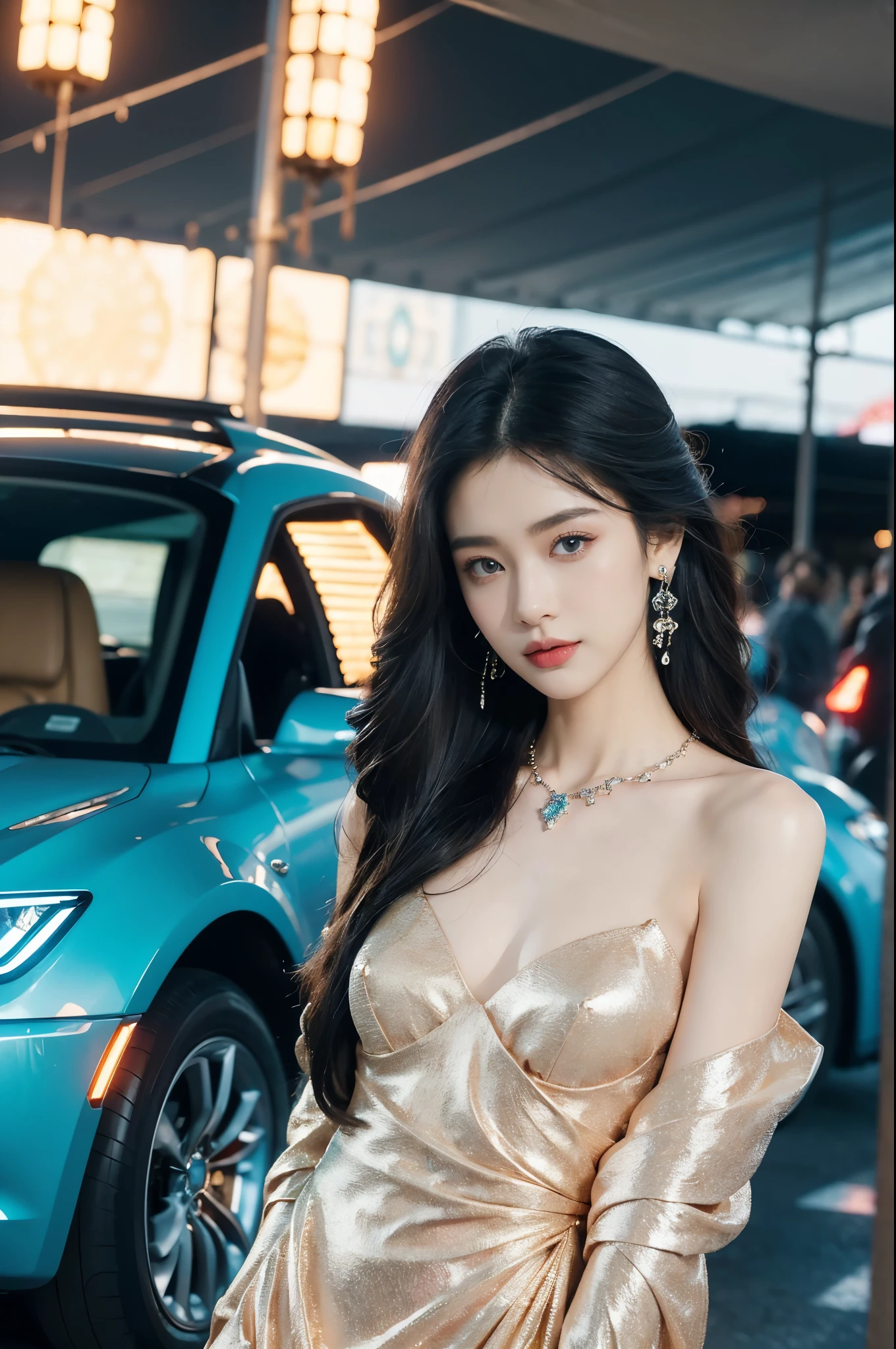 (((best quality))),(((ultra detailed))),(((masterpiece))),illustration,((1girl,gorgeous female model,solo)),((earrings,crystal necklace)),((slim,thin)),((small breasts,flat chest)),(slender legs:1.2),(standing:1.3),(beside a sleek futuristic car:1.3),(sparkled dress:1.3),intricate embellishments,drop-dead gorgeous,(shoulder length straight hair:1.2),vibrant piercing eyes,delicate facial features,rosy cheeks,parted res lips,confident allure,beauty grace,intricate patterns,shimmering fabric,elegant draping,complementary skin tone,radiates beauty,allure,sleek streamlined design,futurism,smooth curves angles,ambient lighting,ethereal aura,intricate patterns,LED lights,glow,sea of activity,(surrounded by crowded crowds:1.3),examine cars,electric atmosphere,cyberpunk style,excitement anticipation,energy palpable,enthusiasm future automobiles,modern elegance,technological innovation,captivating vibrant scene,invite viewers step into future,embrace beauty,((from front,upper body))