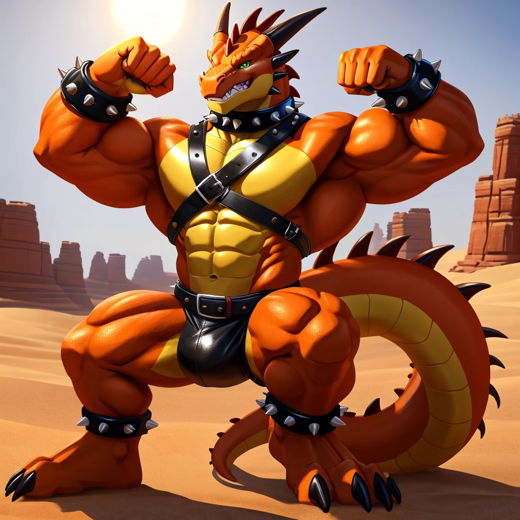 A tall, male, muscular, Dragon with biceps with yellow skin and orange front side, green eyes, (soft shading), 4k, hi res, desert background, Dragon is wearing a glossy brown leather dog collar around the neck, Dragon is wearing glossy brown spiked leather bracelets around the wrists, Dragon is wearing glossy brown spiked leather bracelets around the ankles, Dragon has three toes, small claws on fingers and toes, Dragon has 4 fingers, flexing muscles, clenching teeth, leather collar and bracelets are worn at the same time, leather collar is thick, leather collar is extremely detailed, leather bracelets are extremely detailed,