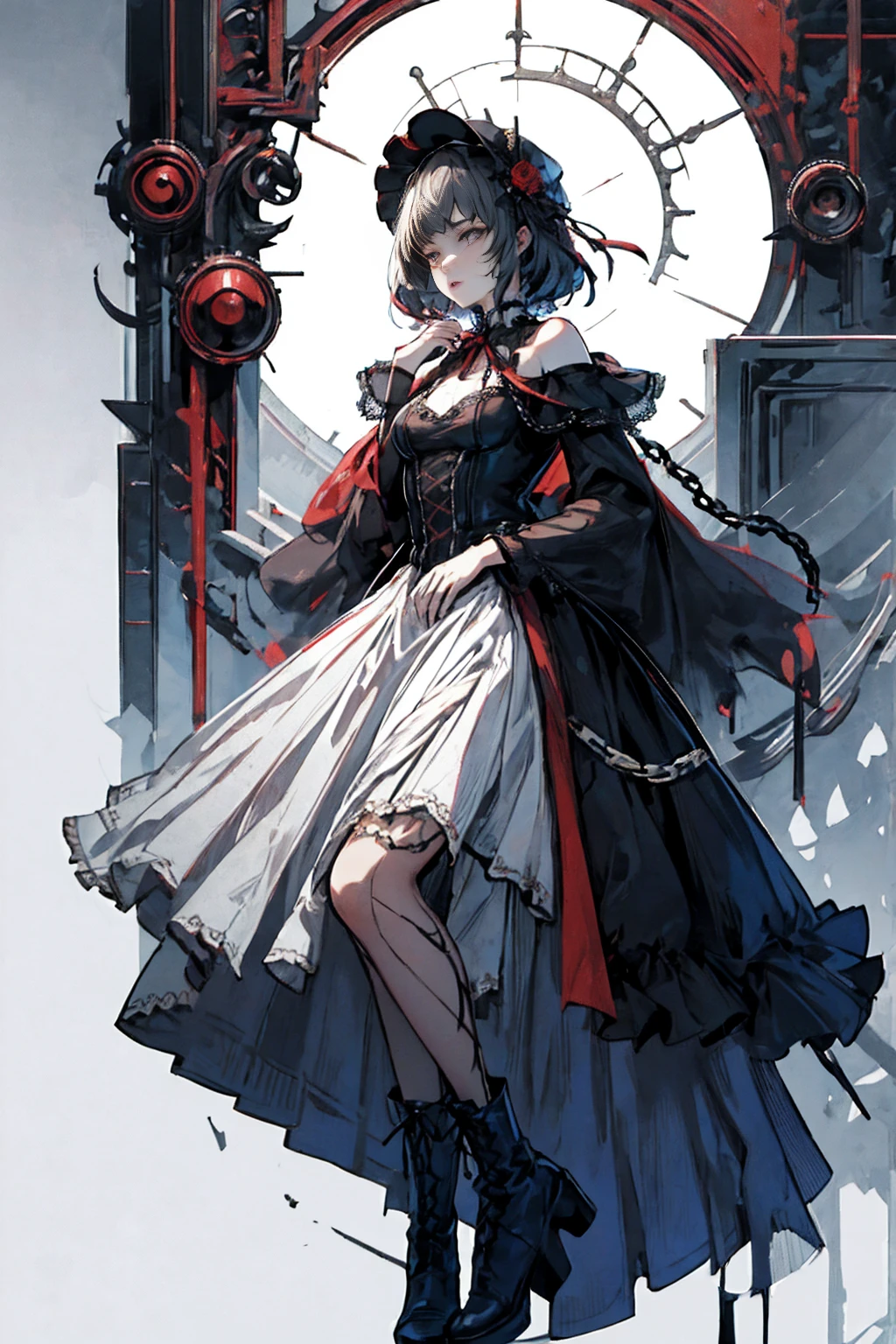 ((Highest quality)), ((masterpiece)), (detailed), One girl, Off the shoulder, blank White Background, Plain background, White Background, Red and white outfit, Inspired by Bloodborne, occult aesthetic, occult, detailed and intricate steampunk and detailed gothic, Browsing Caution, Very dramatic and cinematic lighting, Space horror, dark, Side light, Perfect Face, Browsing Caution, Fluttering lace flared long Knee length dresses with frilly petticoats, Knee length dresses, Pleated petticoat, Lolita Dress, Petticoat Gothic Lolita, Intricate lace boots, Side light, Gothic Lolita Aesthetics, Wield a powerful sword equipped with mechanical parts, carbine, Browsing Caution, beautiful Small breasts, Small breasts, full body, whole body, body, Plain background, White Background, Blank Background, No background, White Background Browsing Caution, chain, full body, whole body, head-to-toe Browsing Caution