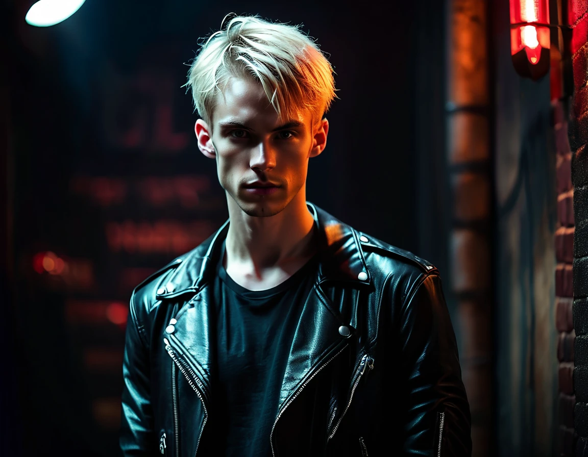 Hyper realistic, dark vibes, solo, young man, facing camera, 21 years, pale skin, model (skinny:1.2), (short cropped textured blond hair:1.2), black leather jacket, holding sharp knife, dark lighting, background (night BDSM club:1.2), foreboding, sexy, attractive, demon, incubus, evil, dark, sadistic expression(smirk:1.1), (neon sign that says:"CONTEXT":1.1, 