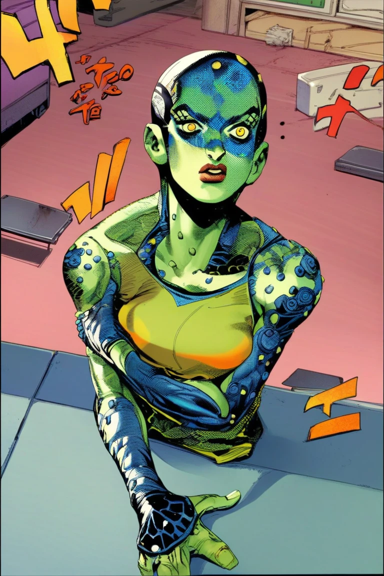 punctuation_9, punctuation_8_High above, punctuation_7_ j0j0styl3 non-human being, slim and stealthy appearance, with a metallic green skin, bright yellow eyes, body is covered in intricate patterns that resemble billowing green flames. j0j0styl3