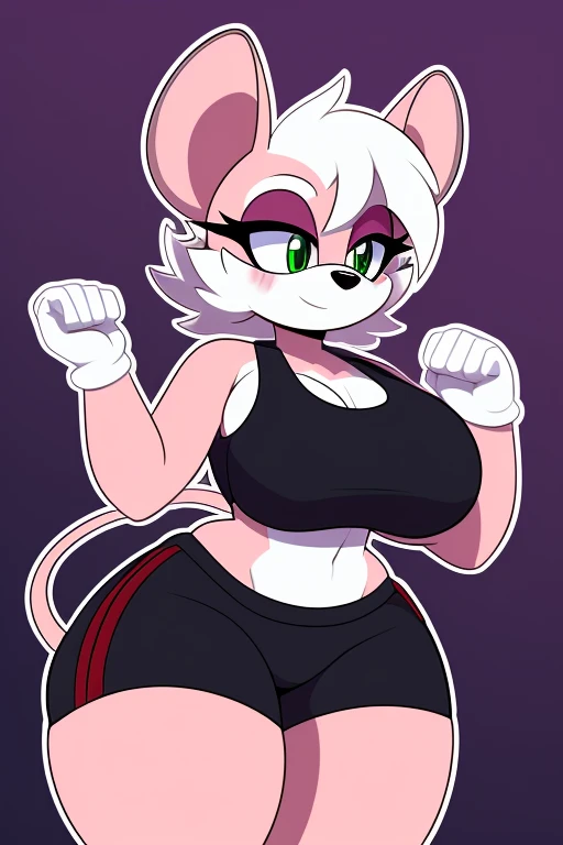 high quality, high res, outline, , mouse, rodent, female, by whygena, reggie_(whygena), , wide hips, flat colours, outlines, lines, huge thighs, white body, pink rat tail, white hair, short asymetric hair, green eyes, long eyelids, eyes looking down at , cheek tuft, black sport bra, sport shorts, black sport clothes, flat snout, small snout, asymetric hair, blush on face, underboob , huge breasts, huge thighs, hands up, girly wrist, 4fingers.