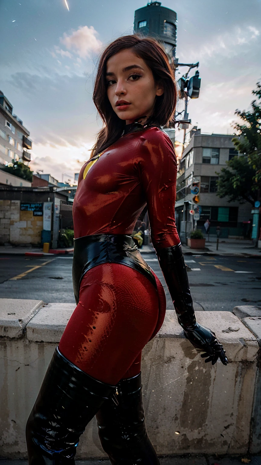 Masterpiece, (photorealistic1.4),Best quality, (solo), (1girl on night street)), (epiCRealLife), (lora:epiCFlashPhoto:0.75), (photorealistic1.4), (night scene), (night sky), (MsIncredible768red bodysuit ), (helenparr bodysuit), (dktj at night, Dakota Johnson), (helenparr hairstyle), (MsIncredible768 latex bodysuit), (red latex bodysuit), (black elbow gloves), (MsIncredible768 costume), (black thighhigh),), (short hair), (MsIncredible768 hairstyle), (outside patio), (1girl), (look at viewer), (demure), (close up), (spot light), (flashphoto), (night time), (at night), (f/2.8), (cowboy shots), (upper body shot), (from front), (new york night street), (neon signs)