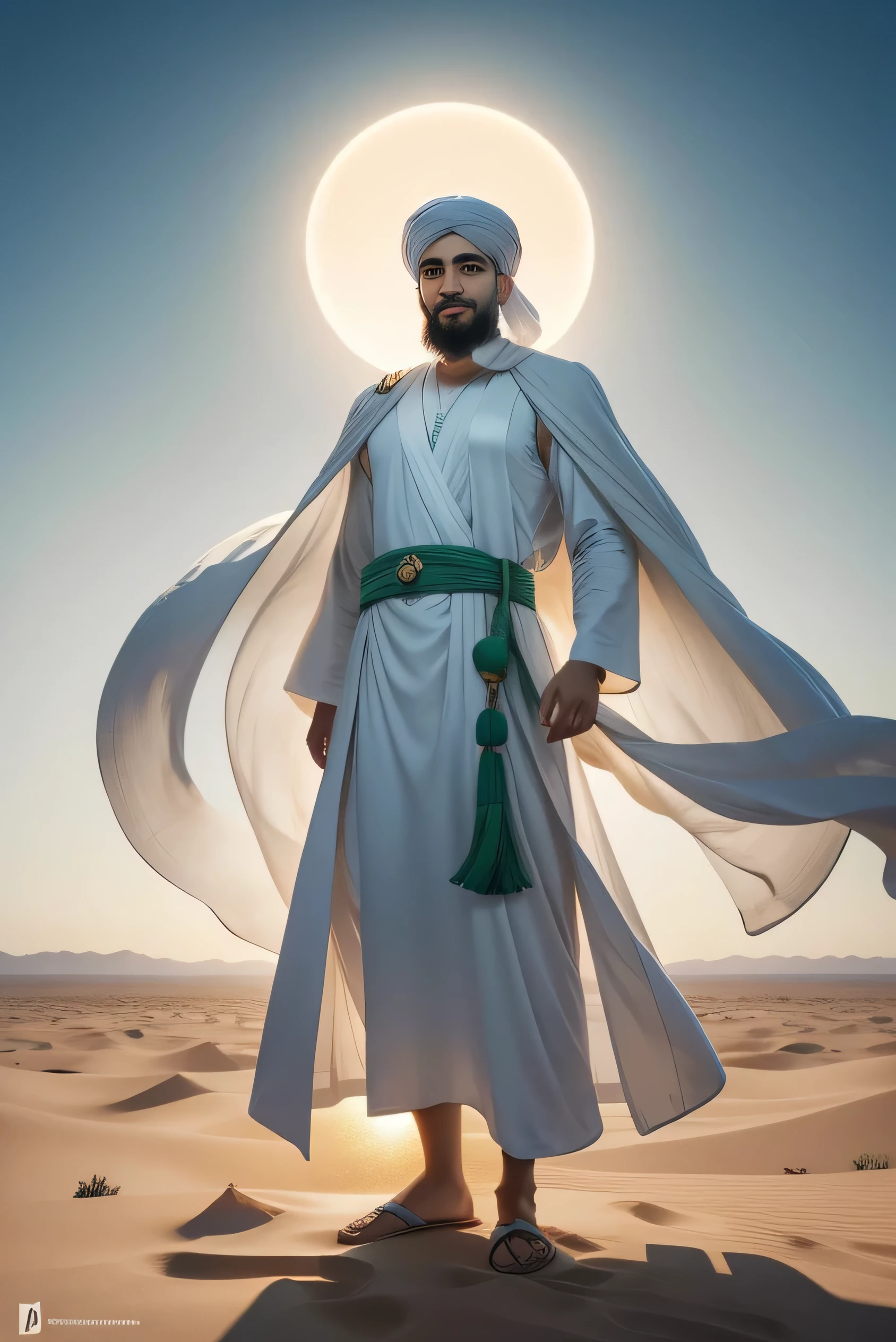 In the vast expanse of a barren desert, under the soft glow of the setting sun, the image of Imam Mahdi emerges as a beacon of hope. With best quality detailing, the painting captures the essence of the spiritual leader, dressed in a pristine white robe, symbolizing purity and humility. Upon his head, a lush green turban, adorned with intricate patterns, adds a touch of elegance and spiritual significance. The radiant face of Imam Mahdi, with a gentle smile, exudes peace and tranquility, his eyes reflecting the wisdom and understanding that has come with his divine role. The vast desert stretches behind him, depicting