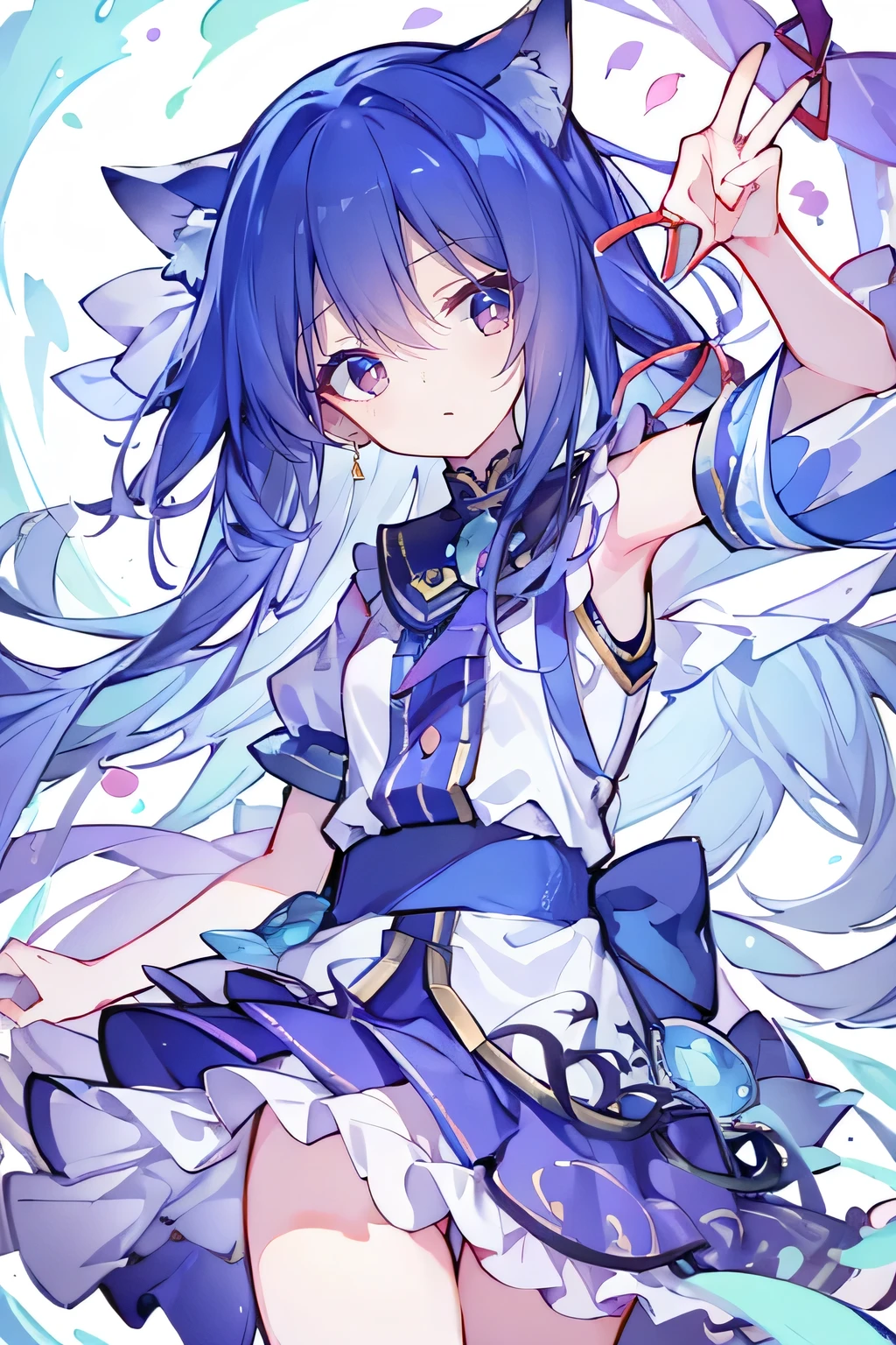(masterpiece:1.2),Super detailed,lifelike,Expressive eyes,fair skin,perfect face shape,1 girl,
Japanese comics,Gorgeous blue hair,flowing blue hair,flowing clothes,Cat ears,Petals fall,beautiful lola,Baby Angel,
Shaking head with one hand,Cross your legs,,The pavilion is cool and comfortable,smile,back views,sunrise,Petals fall