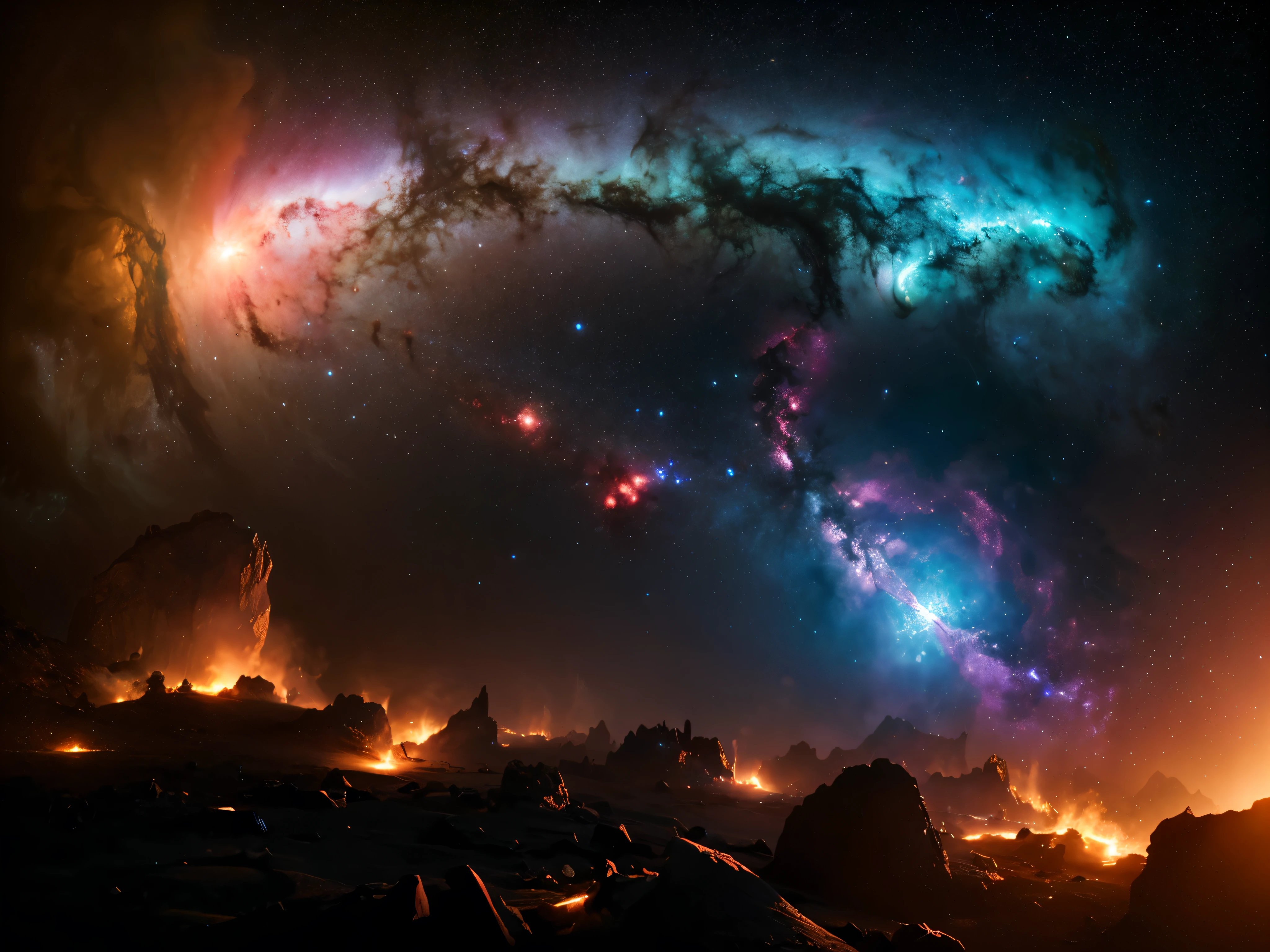 stars, dust and gas nebula in a distant galaxy, very detailed, 8 K, hyperrealistic, Volumetric lighting, dramatic cinematic lighting, glowing cosmic energy, bright colors, complex parts, photorealistic, Award-winning digital art, masterpiece, conceptual art, space exploration, Science fiction, atmospheric, Epic scale, awe-inspiring