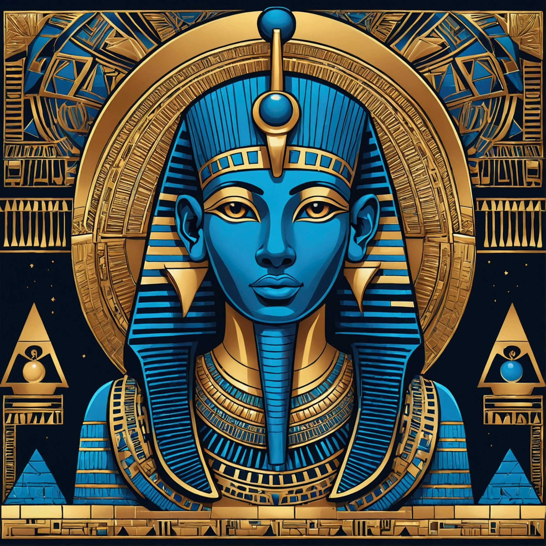Create a vibrant, stylized illustration inspired by ancient Egypt for a shirt print. The image must include iconic elements such as pyramids, Sphinx, Pharaohs, Egyptian hieroglyphics and gods such as Anubis and Isis. Use a gold-rich color palette, blue and black, and incorporate geometric patterns and ornamental details to capture the essence of classical Egyptian art. The composition must be dynamic and attractive, ideal for a modern and elegant print.